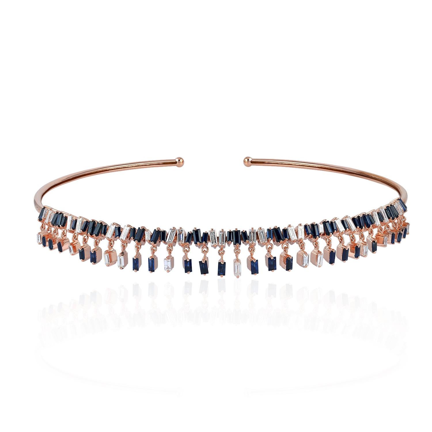 Mixed Cut Blue Sapphire & Baguette Diamond Choker Necklace Made In 18k Rose Gold