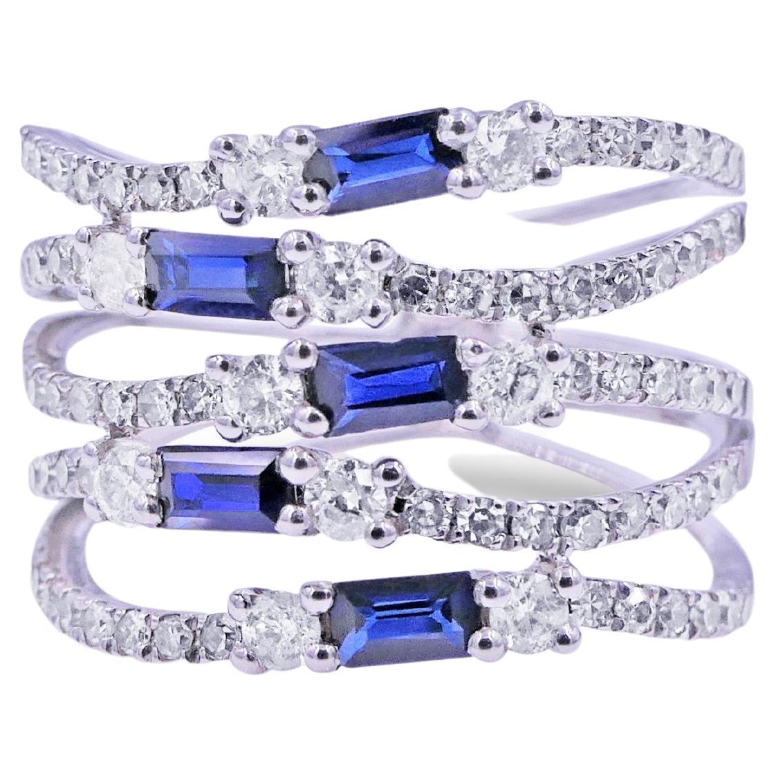Blue Sapphire Baguette Diamond Pave 18 Karat White Gold Full Finger Band Ring For Sale