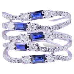 Blue Sapphire Baguette Diamond Pave 18 Karat White Gold Full Finger Band Ring