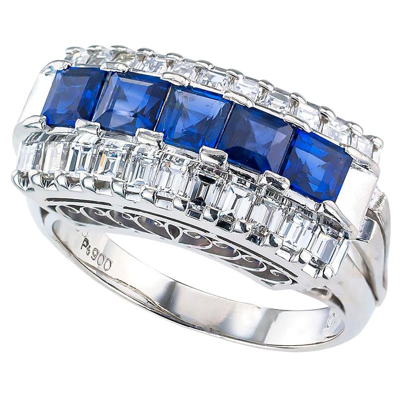 Blue Sapphire Baguette Diamond Platinum Ring Band For Sale