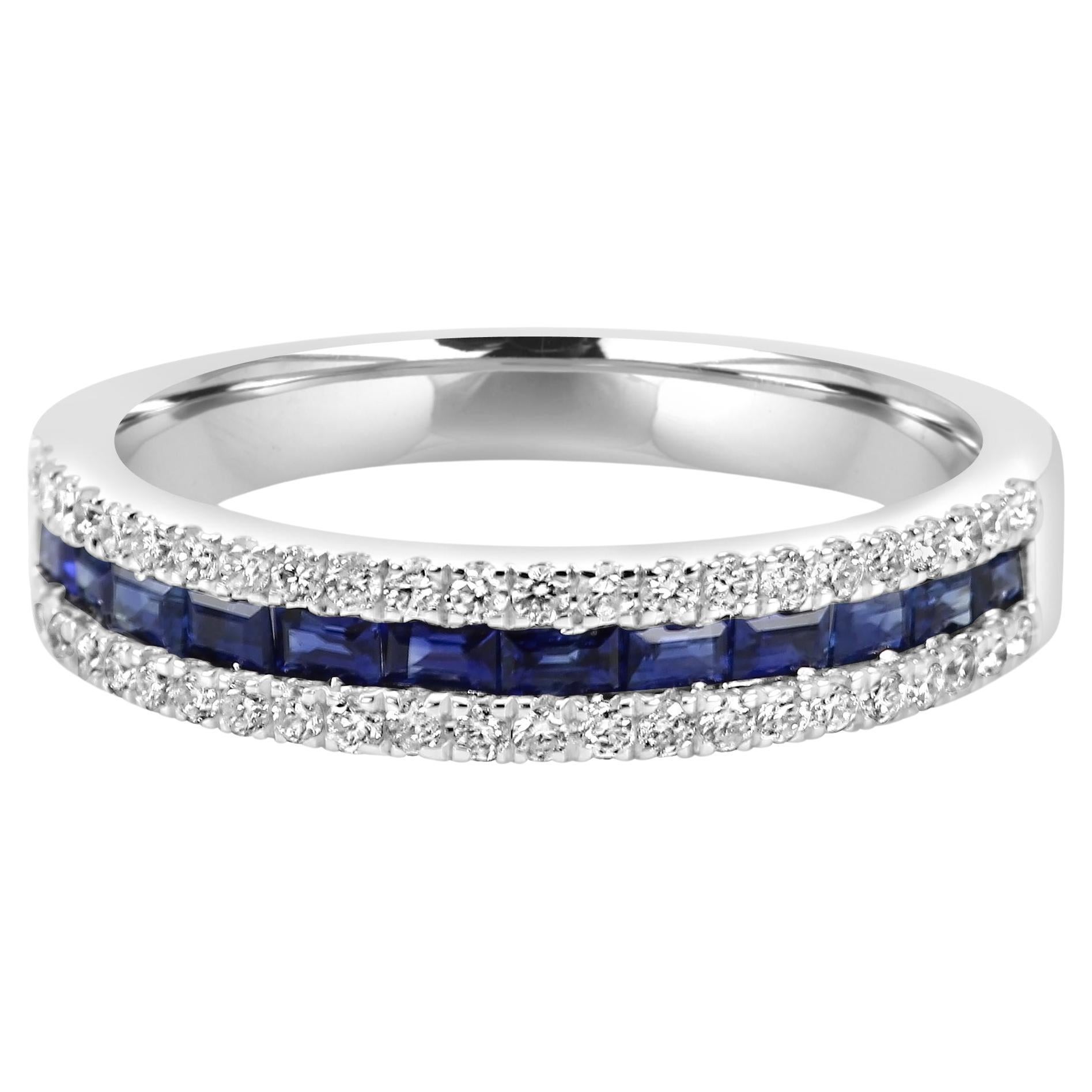 Blue Sapphire Baguette & Diamond Round Three-Row 18 Karat Gold Fashion Band Ring