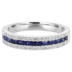 Blue Sapphire Baguette & Diamond Round Three-Row 18 Karat Gold Fashion Band Ring