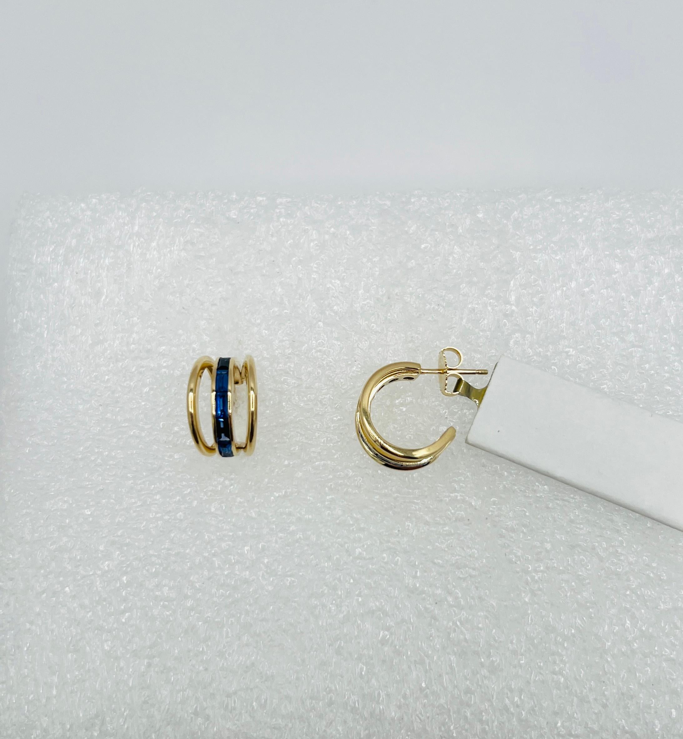 da uomo o donna Orecchini Baguette con zaffiro blu in oro giallo 14 carati in vendita