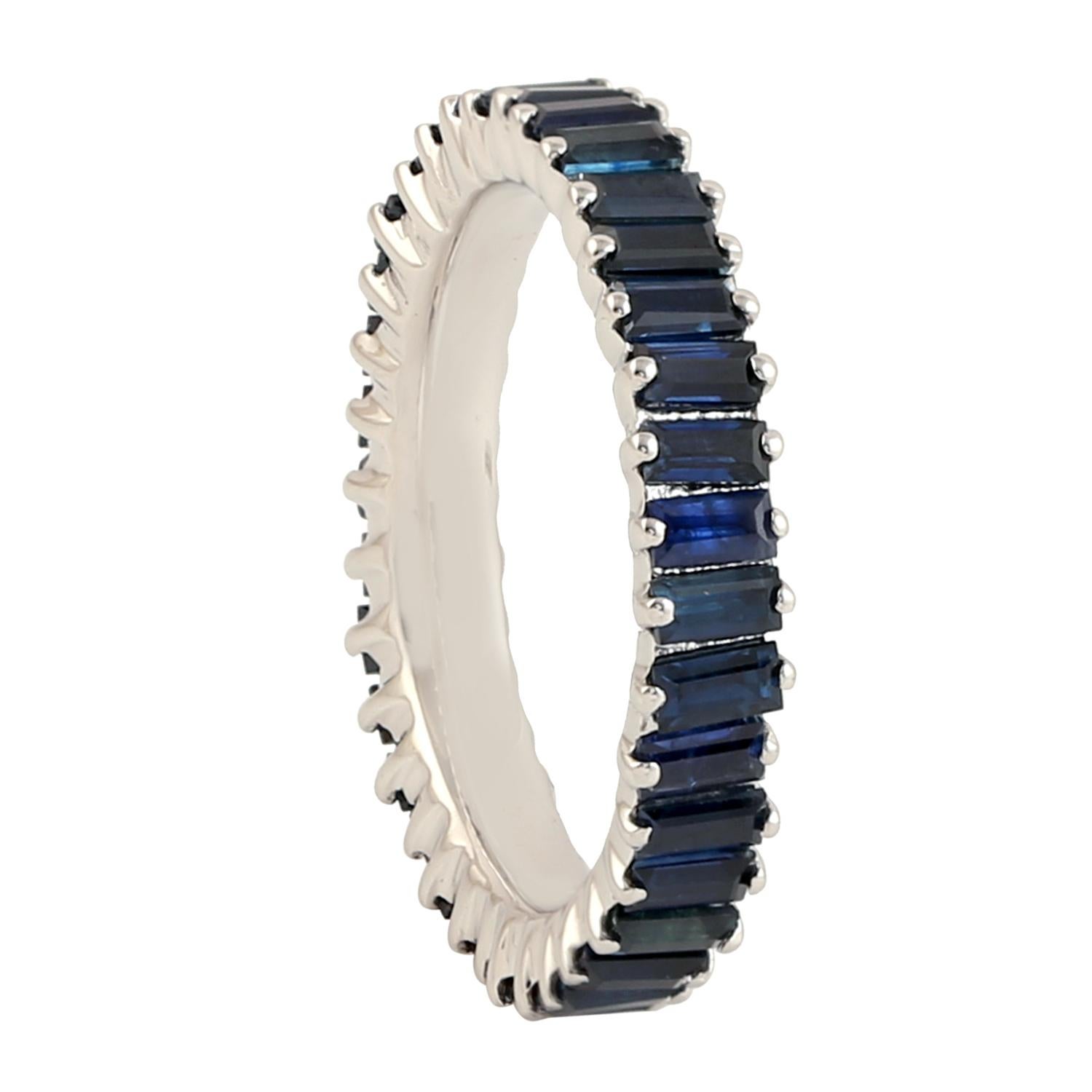 Artisan Blue Sapphire Baguette Full Eternity Band Ring Made In 18k White Gold For Sale