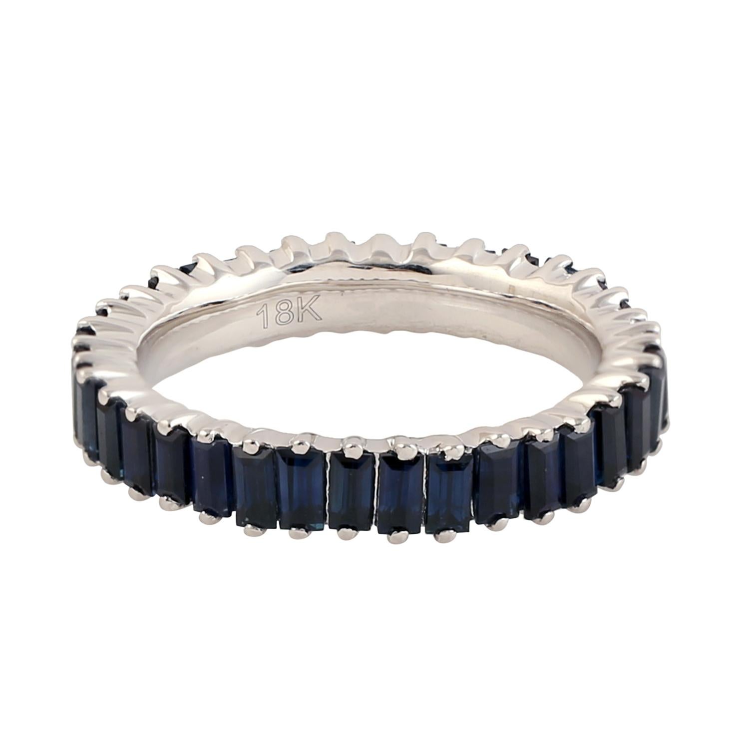 Blue Sapphire Baguette Full Eternity Band Ring Made In 18k White Gold In New Condition For Sale In New York, NY