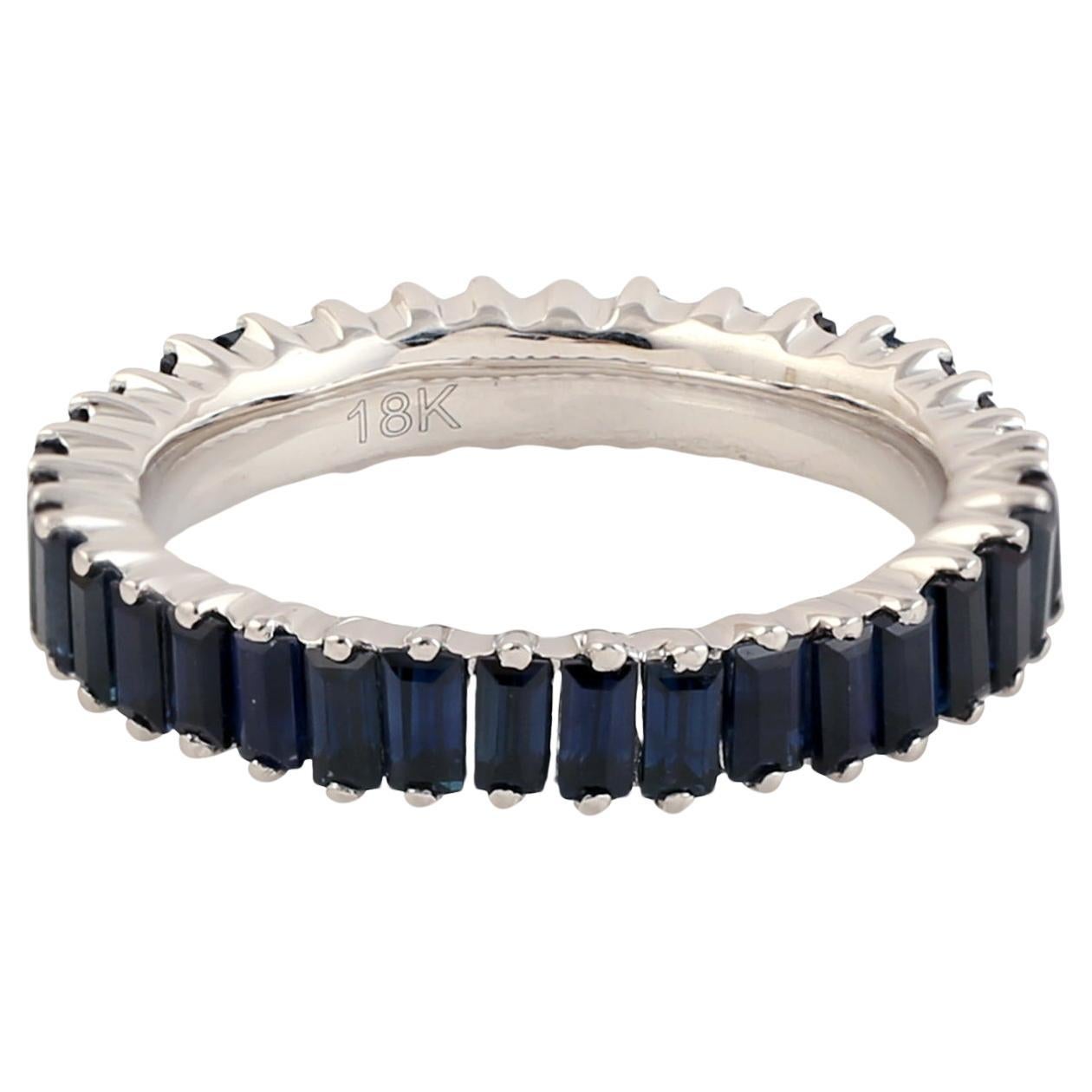 Zafiro Azul Baguette Anillo Eternidad Completa Fabricado En Oro Blanco De 18k