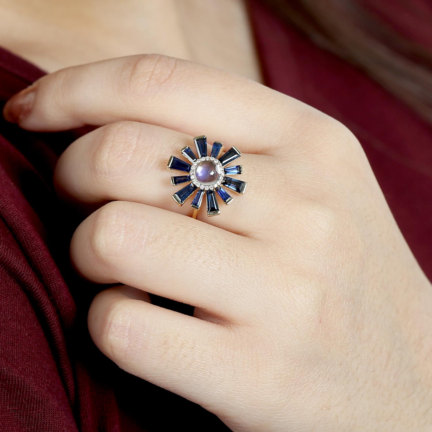 Artisan Blue Sapphire Baguette Ring With Center Moonstone Accented WIth Diamonds