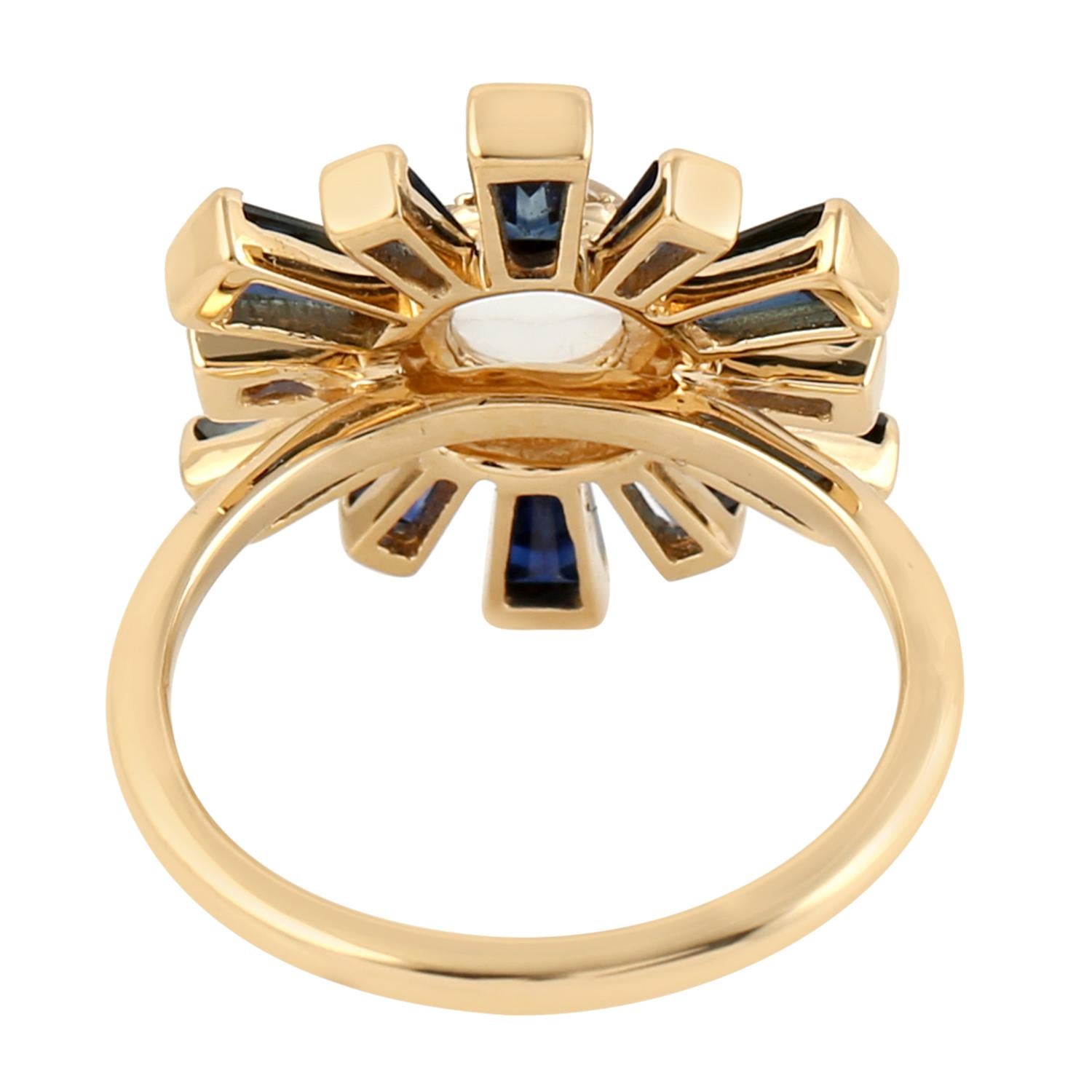Mixed Cut Blue Sapphire Baguette Ring With Center Moonstone Accented WIth Diamonds