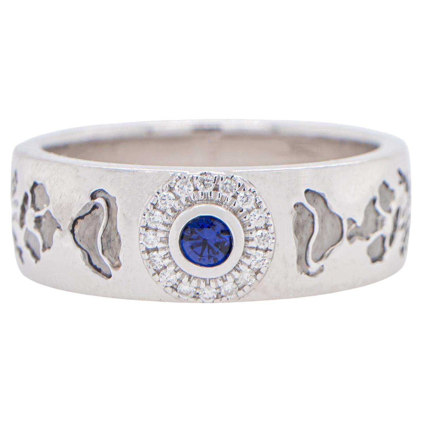 Blue Sapphire Channel Set Band Ring with Diamonds Made in White Gold