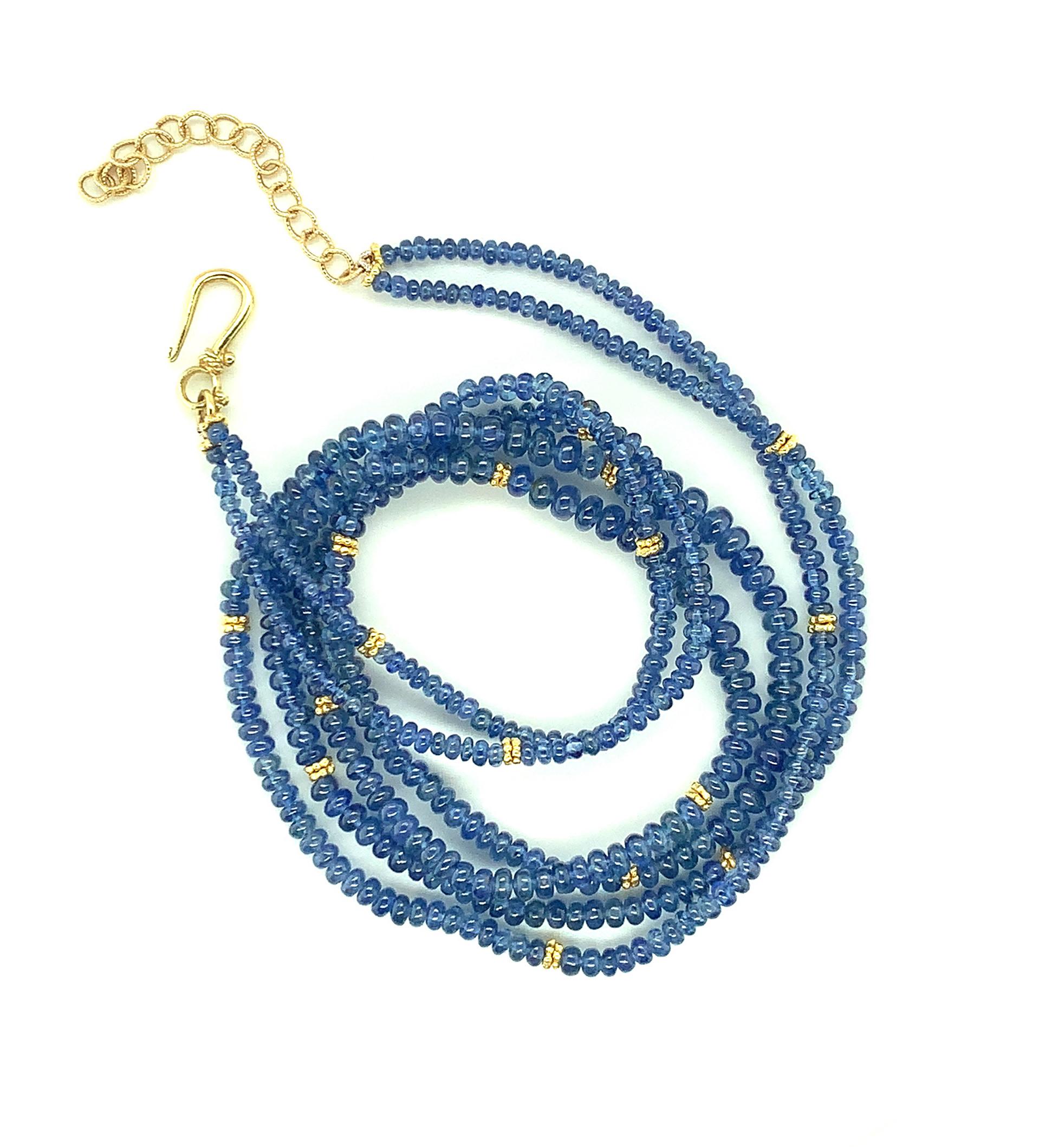Artisan Blue Sapphire Bead, Double Strand Necklace, Yellow Gold Spacers and Clasp