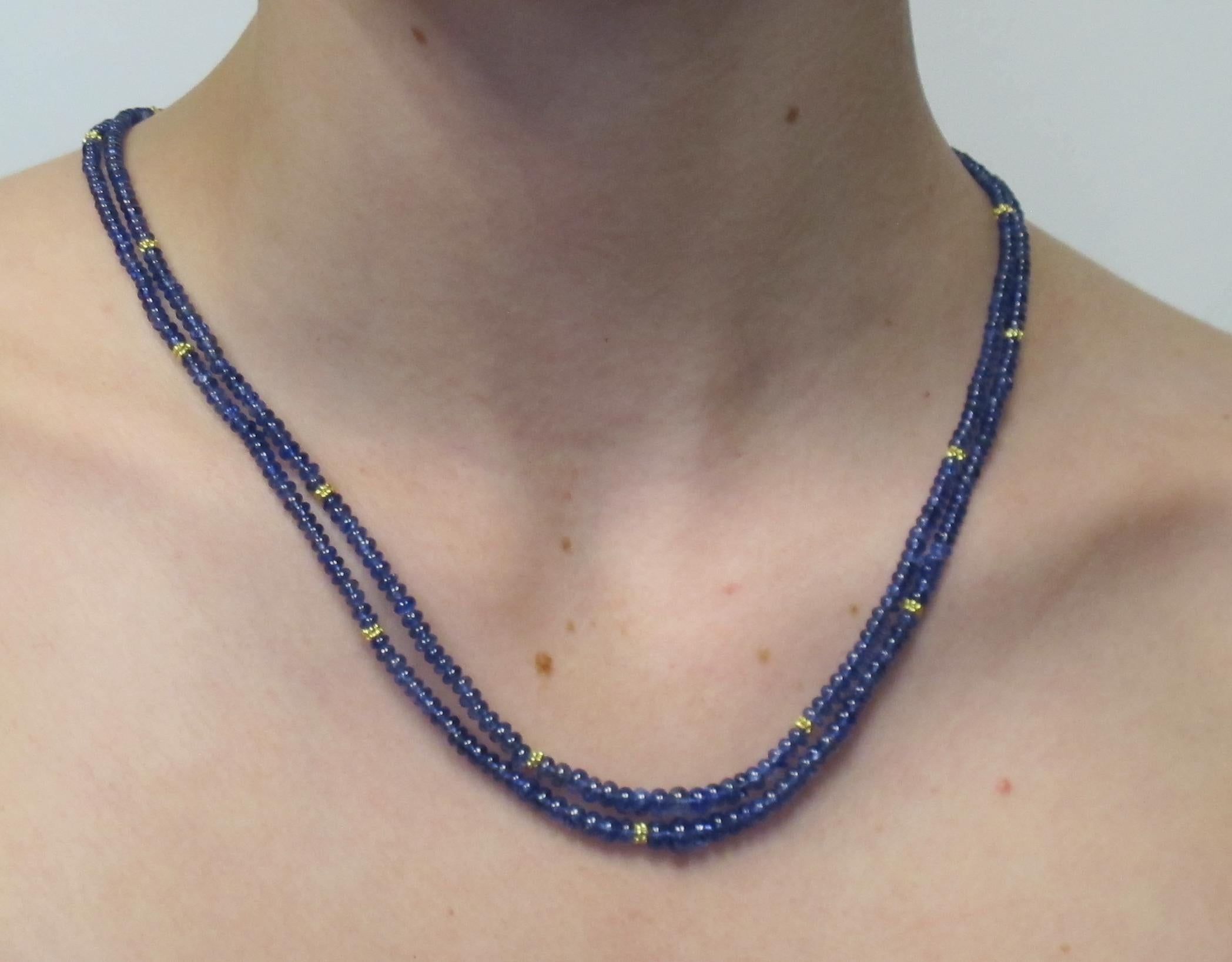 Blue Sapphire Bead, Double Strand Necklace, Yellow Gold Spacers and Clasp In New Condition In Los Angeles, CA