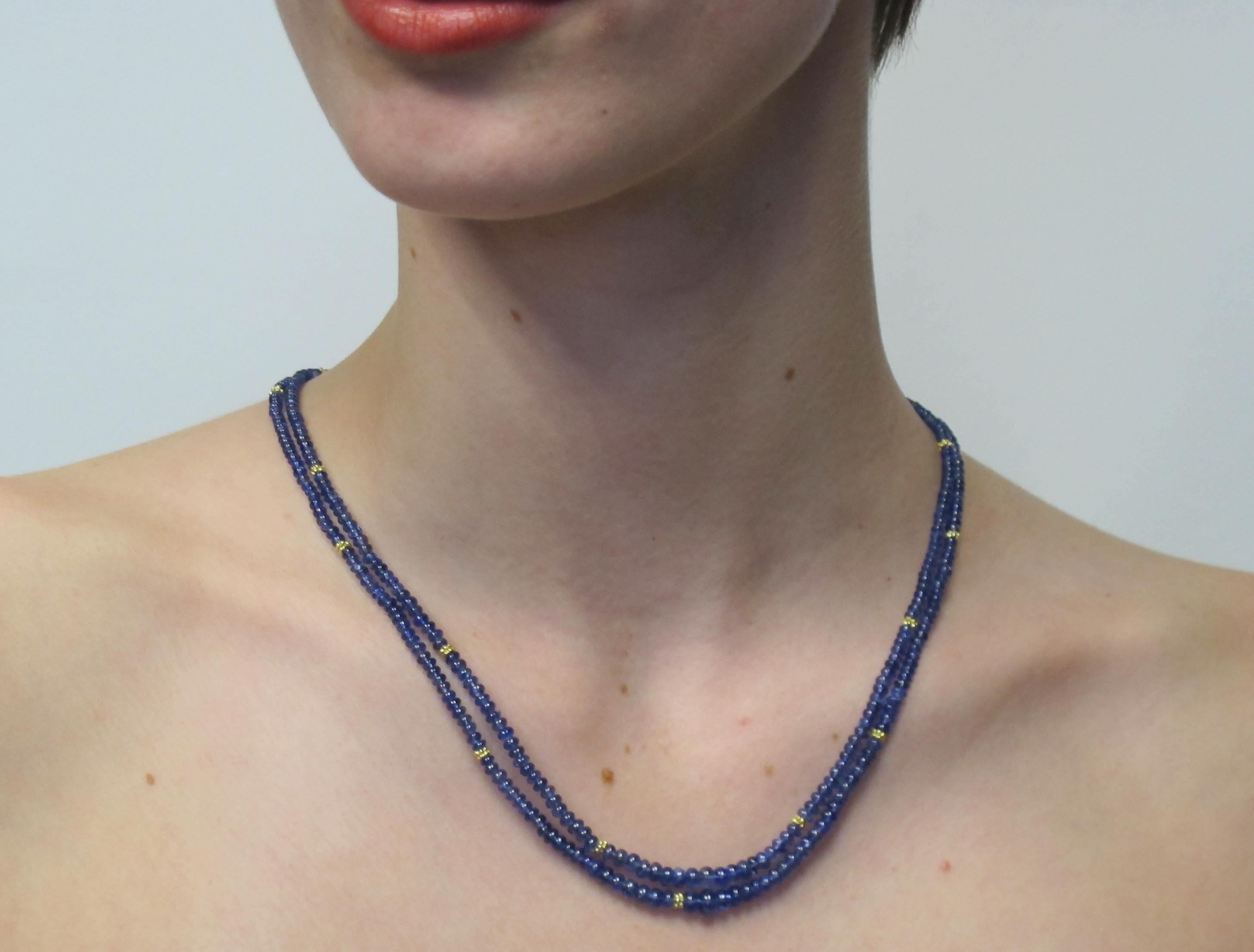 Women's Blue Sapphire Bead, Double Strand Necklace, Yellow Gold Spacers and Clasp