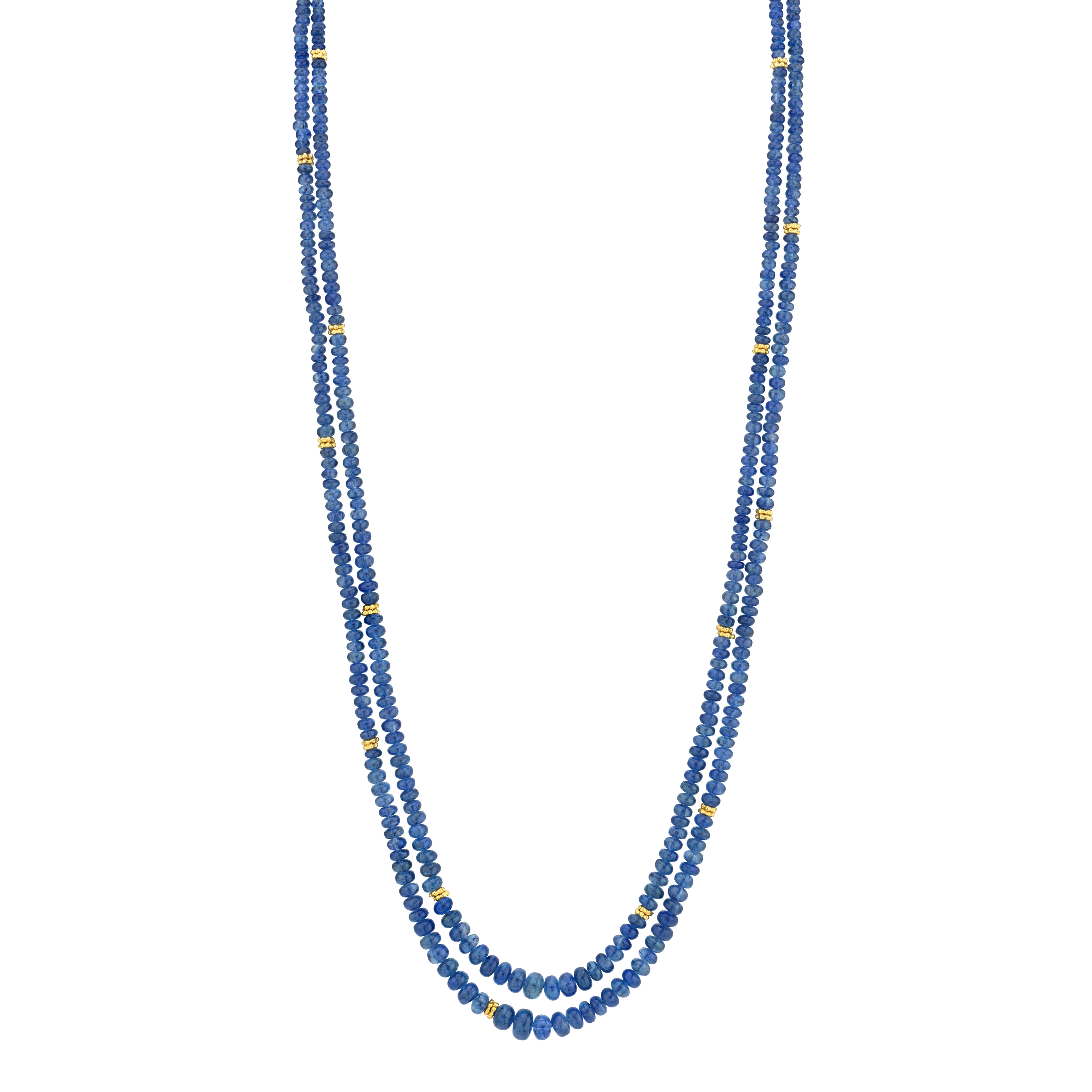 Blue Sapphire Bead, Double Strand Necklace, Yellow Gold Spacers and Clasp 1