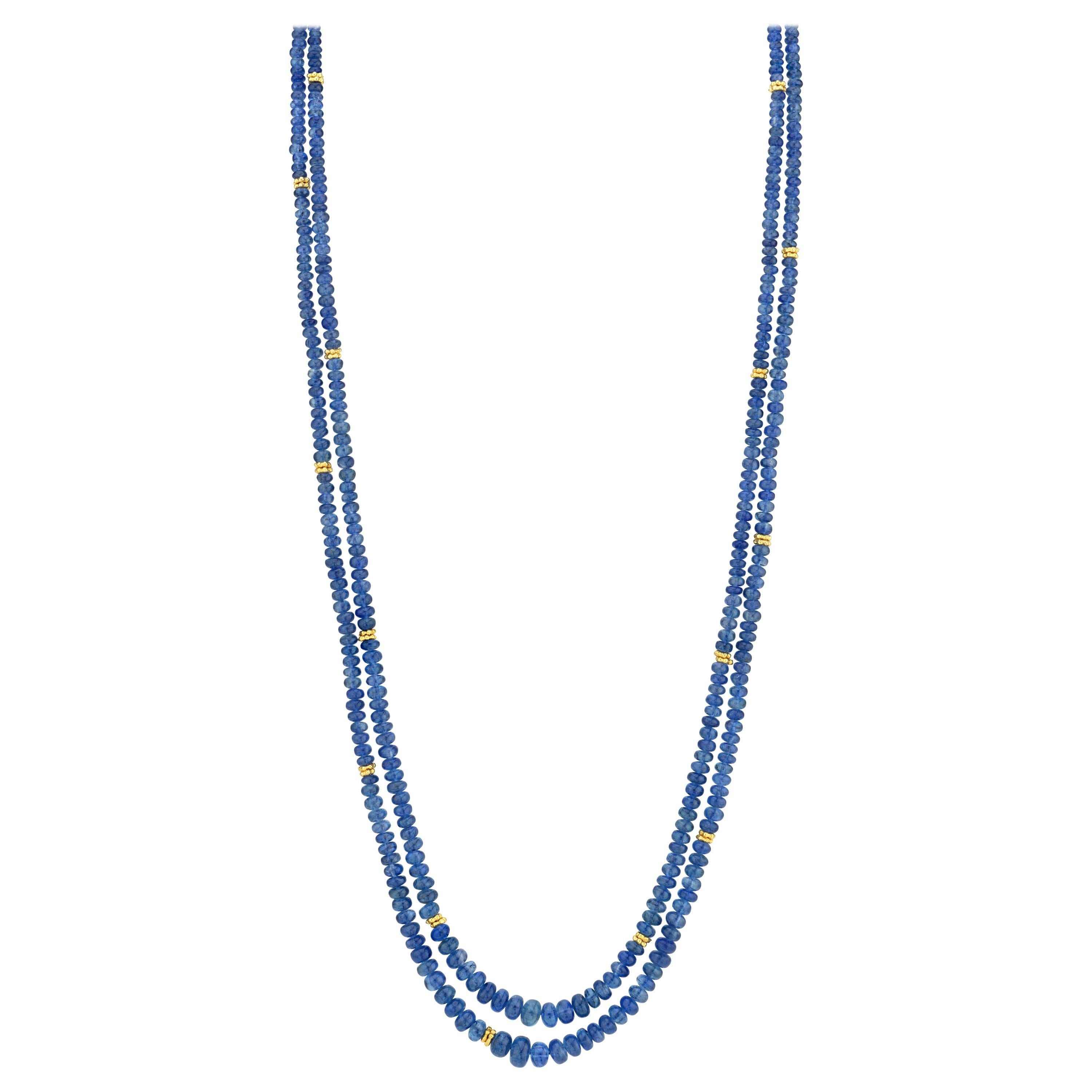 Blue Sapphire Bead, Double Strand Necklace, Yellow Gold Spacers and Clasp