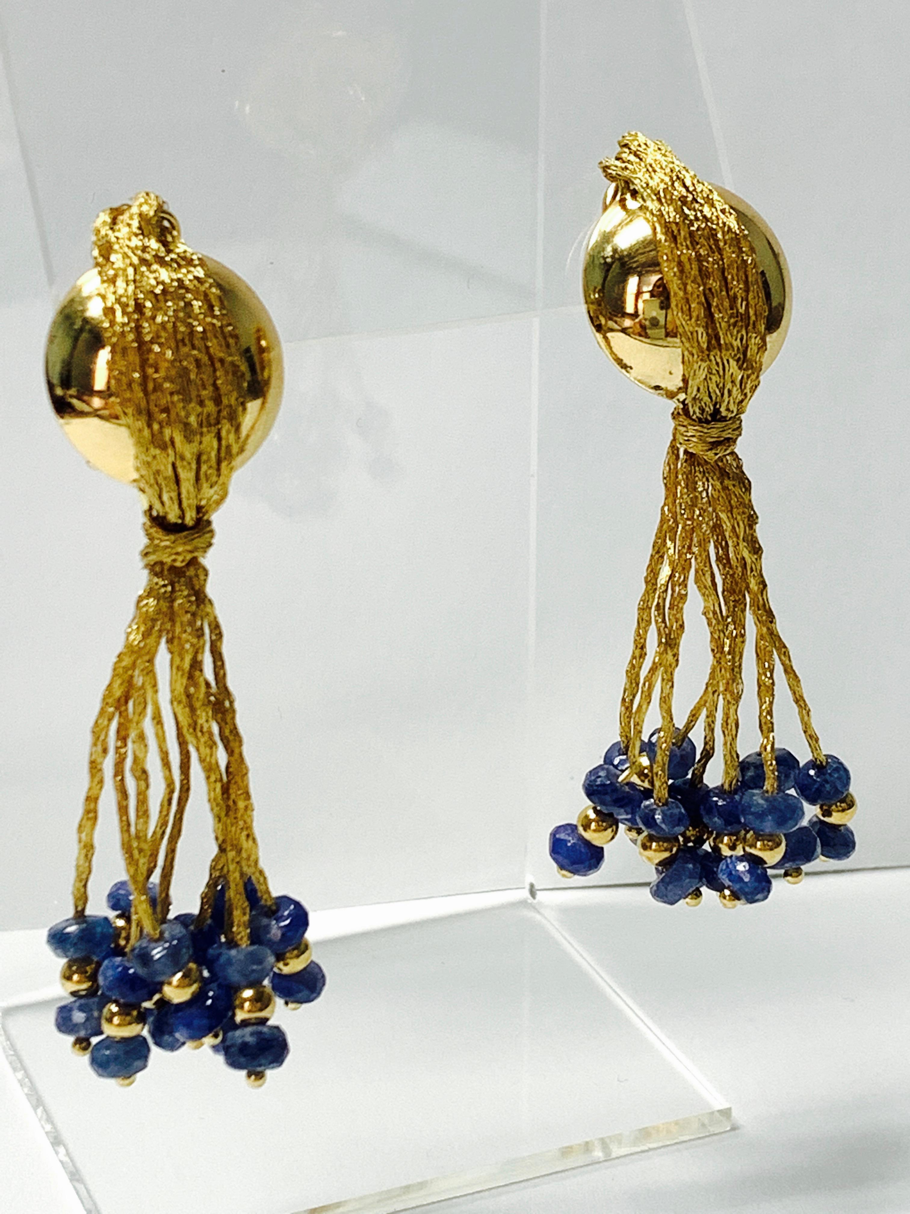 Blue Sapphire Bead Earrings in 18 K Yellow Gold 2