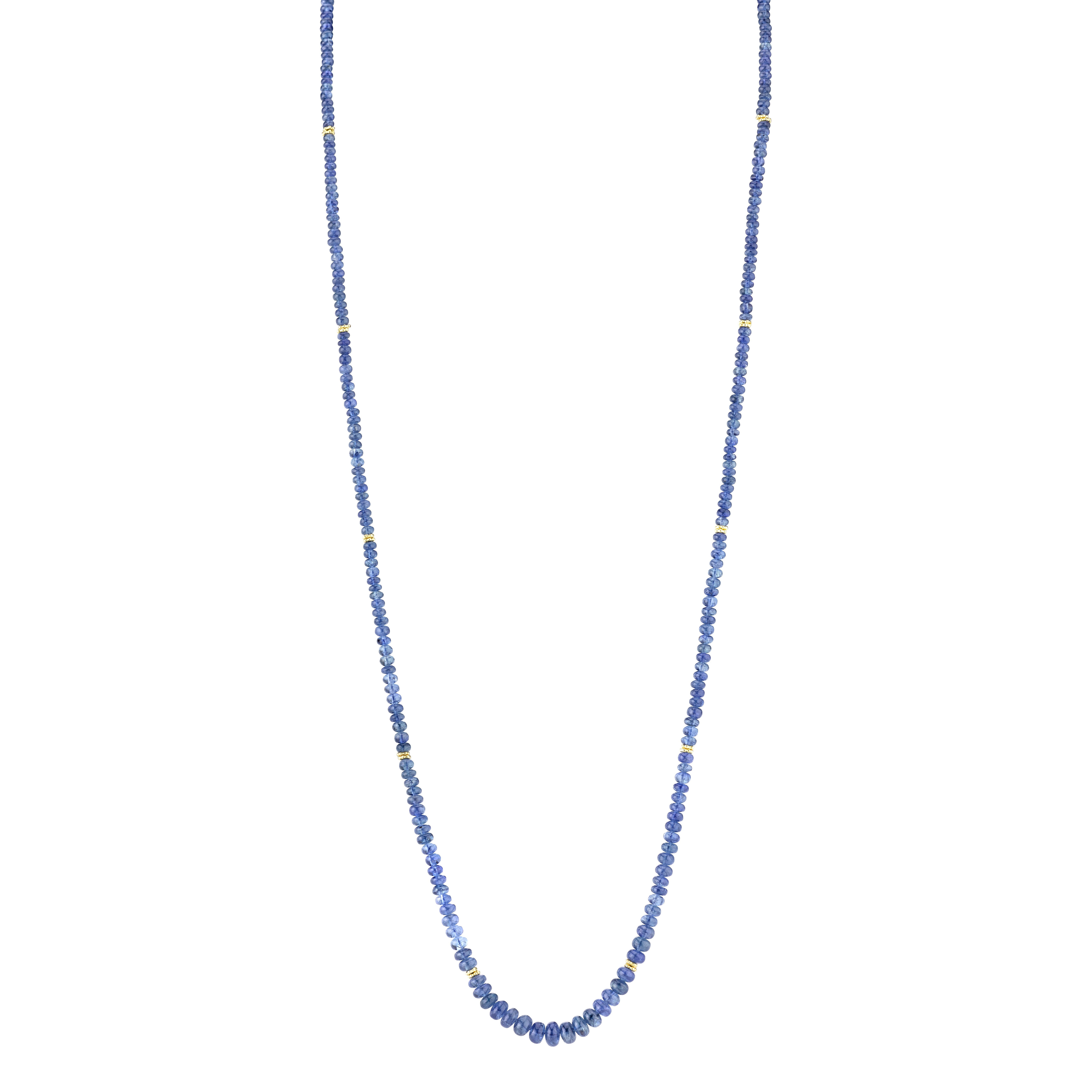 This extra long strand of natural blue sapphire beads features approximately 100 carats of graduated beads ranging in size from 1.25 to 5.00mm. The strand measures 37 inches, so it  can be worn as a single strand or doubled in several ways depending