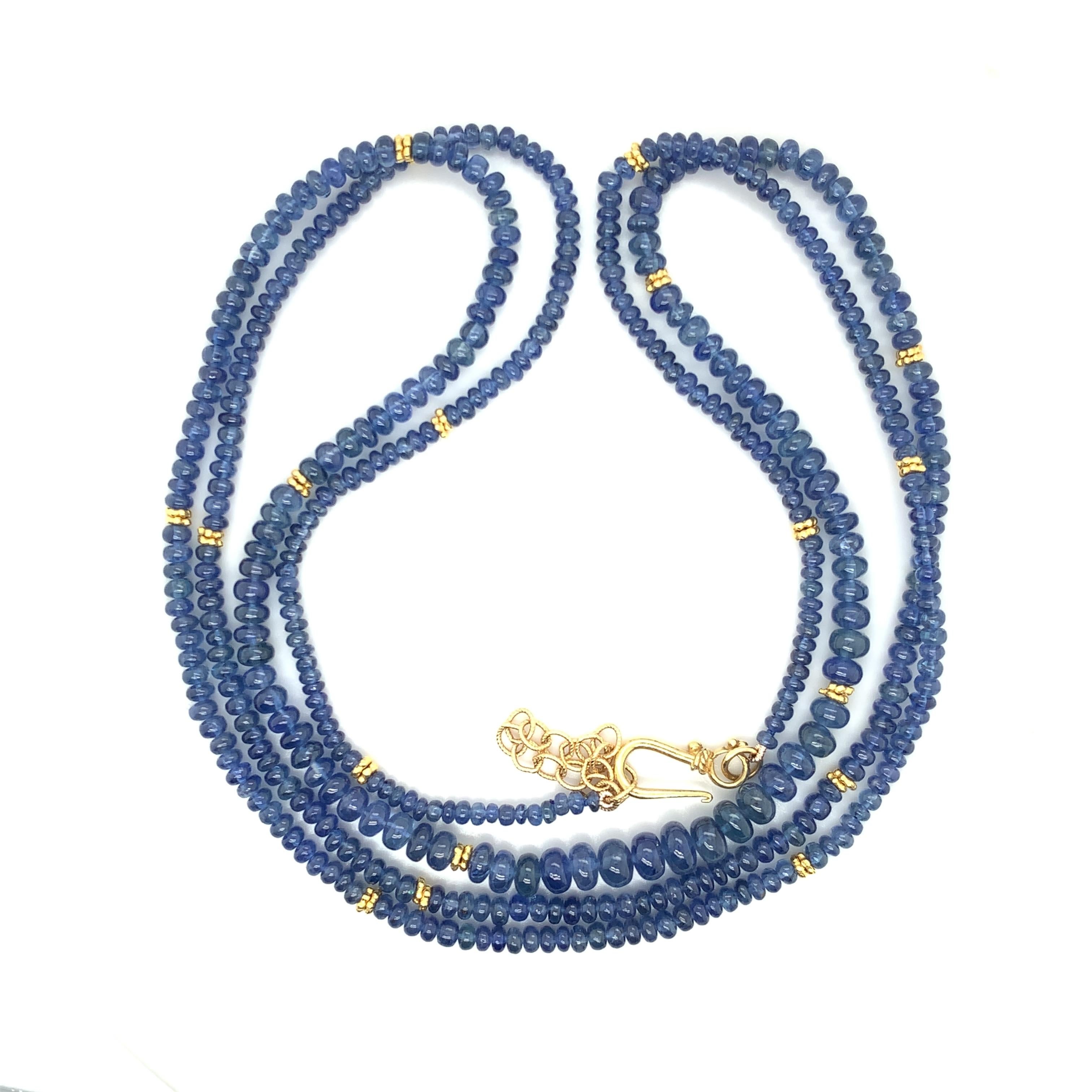 Artisan Blue Sapphire Bead Single Strand Necklace, Yellow Gold Spacers and Clasp