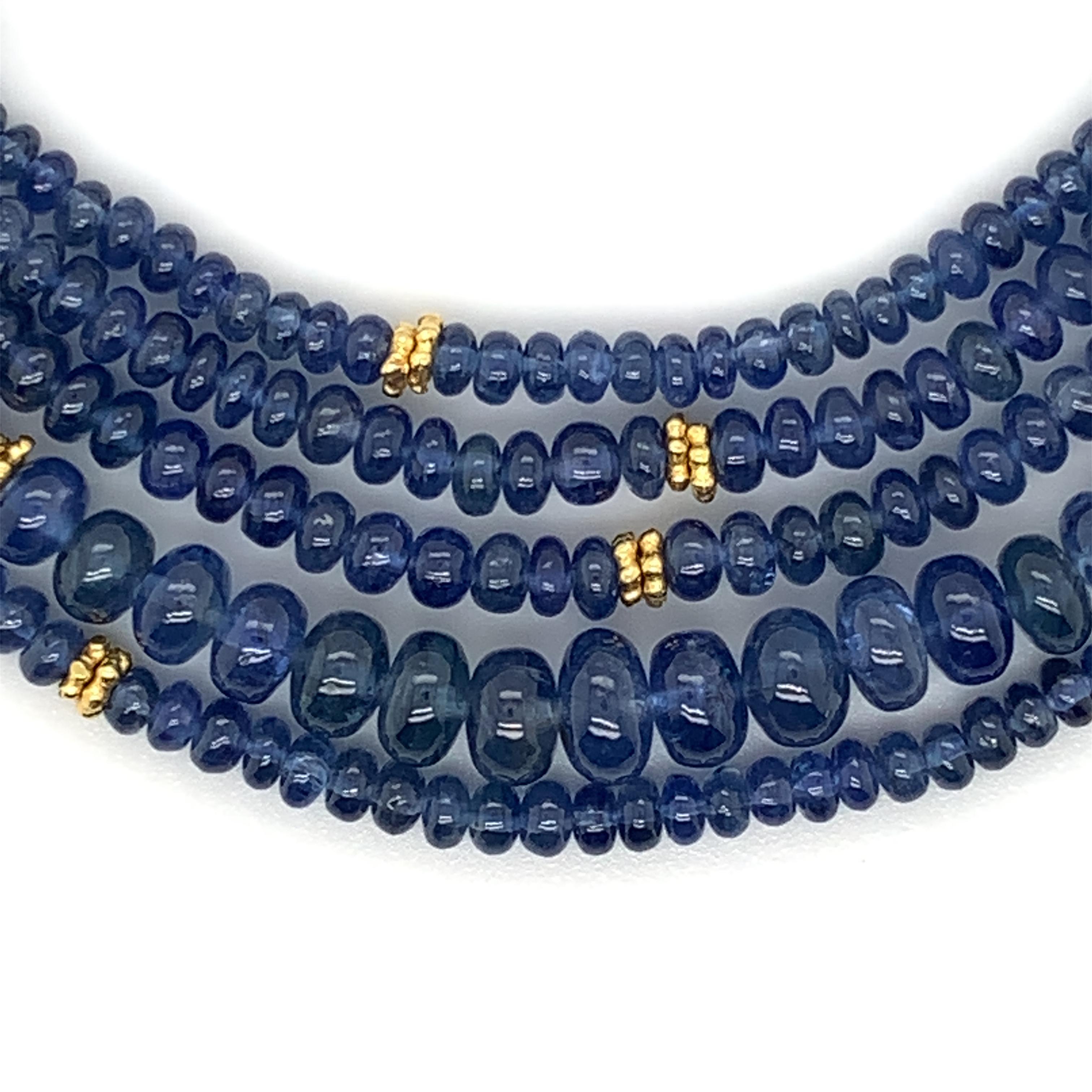 Blue Sapphire Bead Single Strand Necklace, Yellow Gold Spacers and Clasp In New Condition In Los Angeles, CA