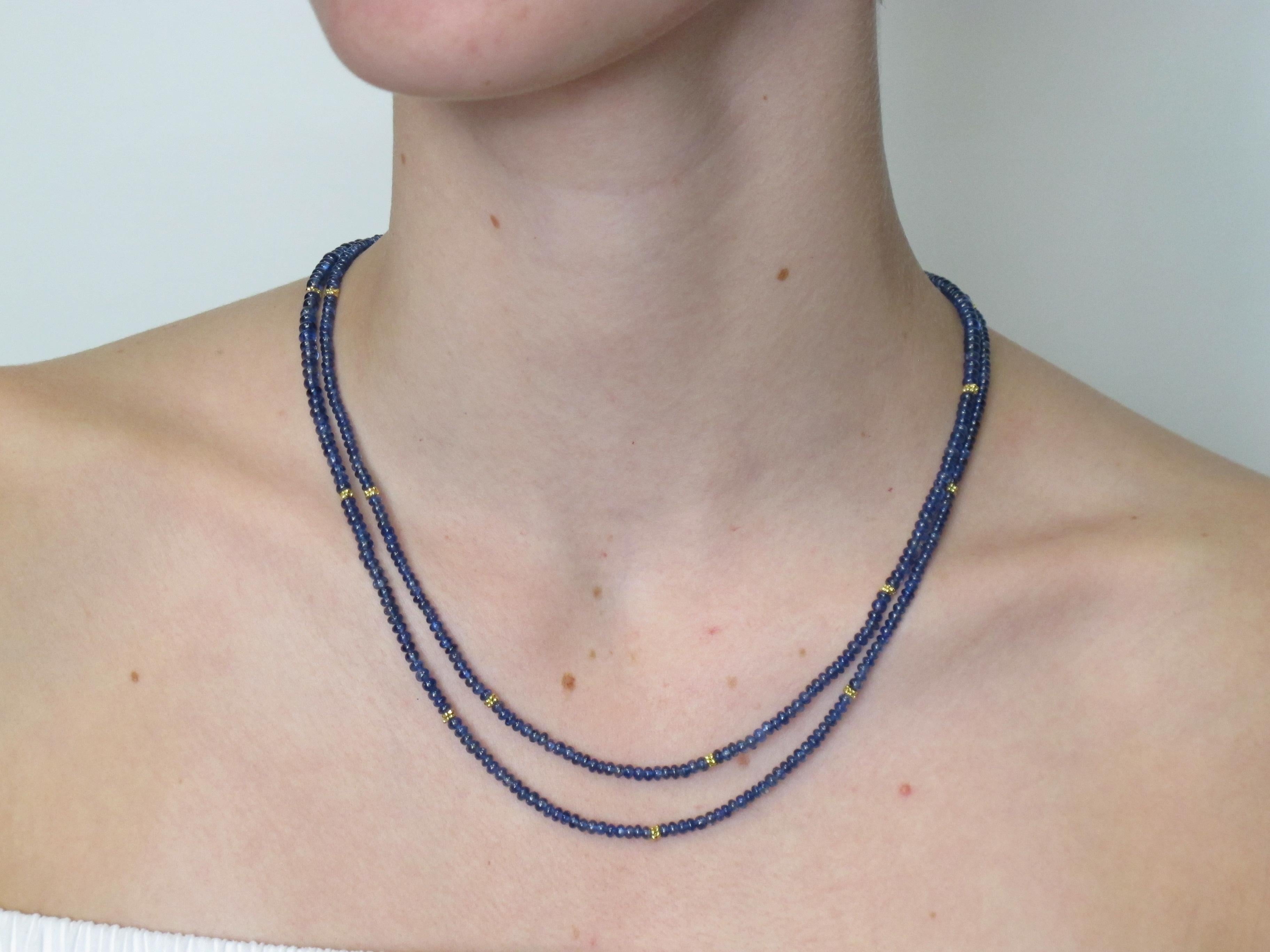 Women's Blue Sapphire Bead Single Strand Necklace, Yellow Gold Spacers and Clasp