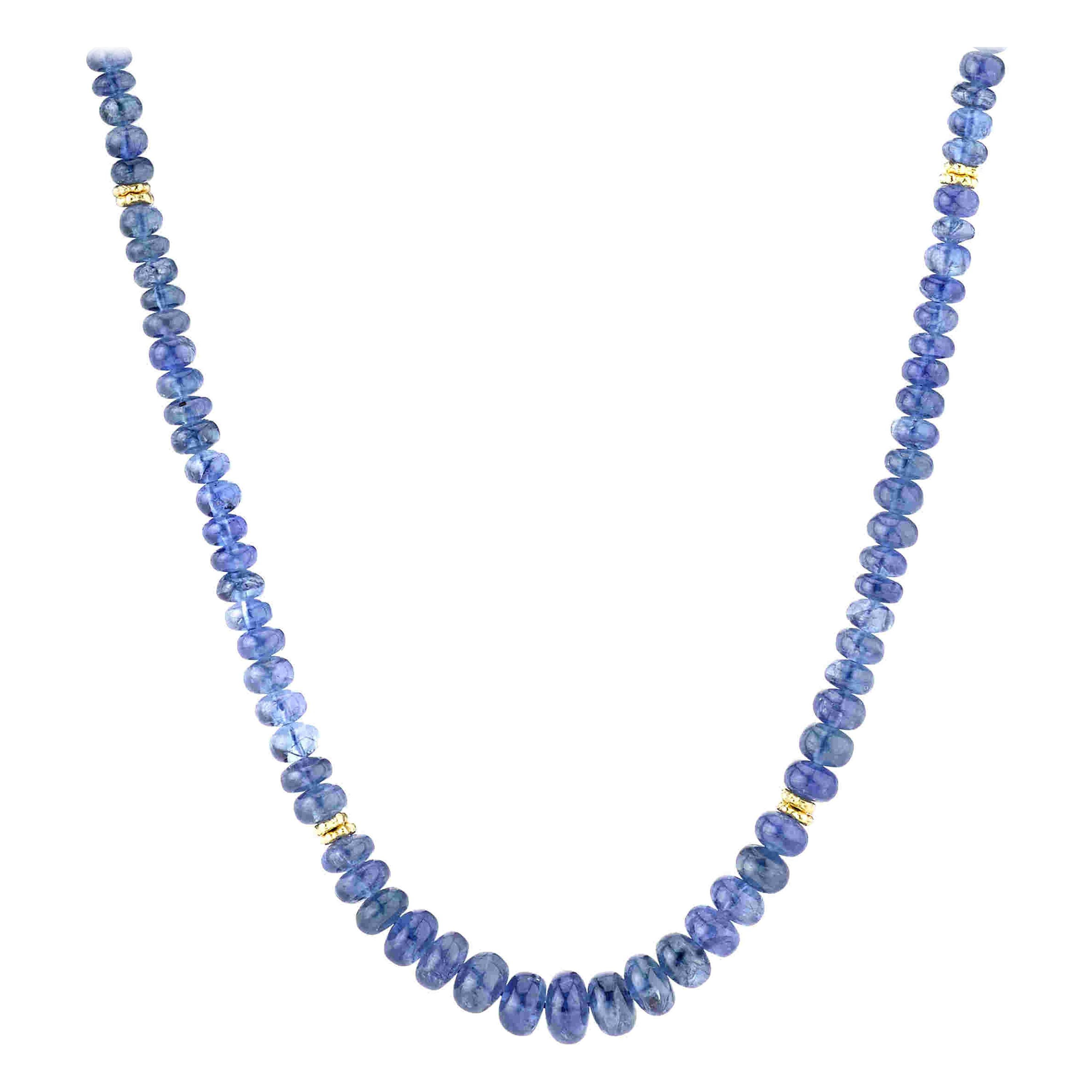 Blue Sapphire Bead Single Strand Necklace, Yellow Gold Spacers and Clasp