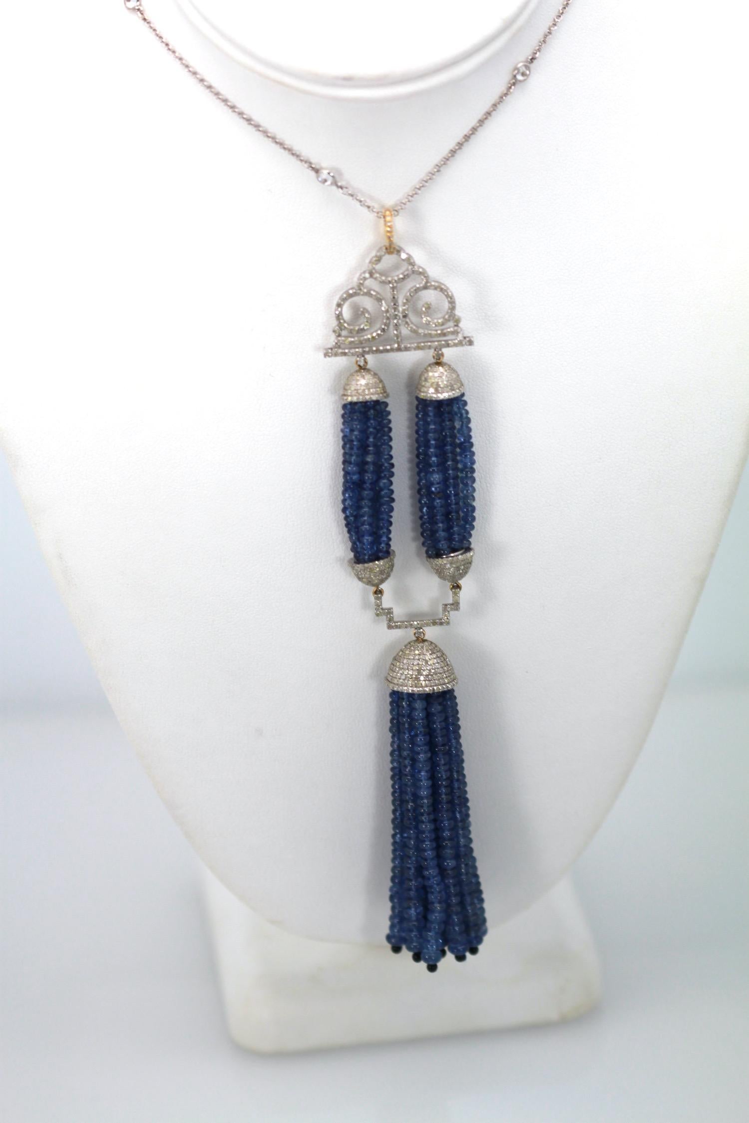 Blue Sapphire Beaded Double Tassel Pendant Necklace For Sale 4