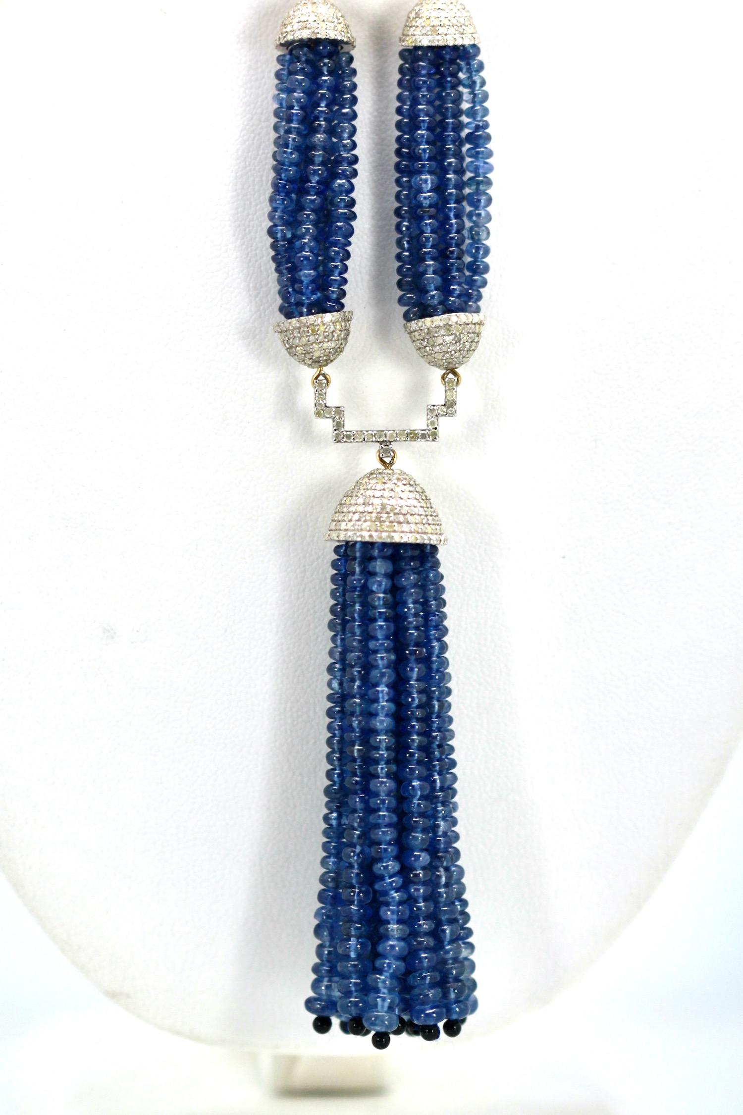 Blue Sapphire Beaded Double Tassel Pendant Necklace For Sale 5