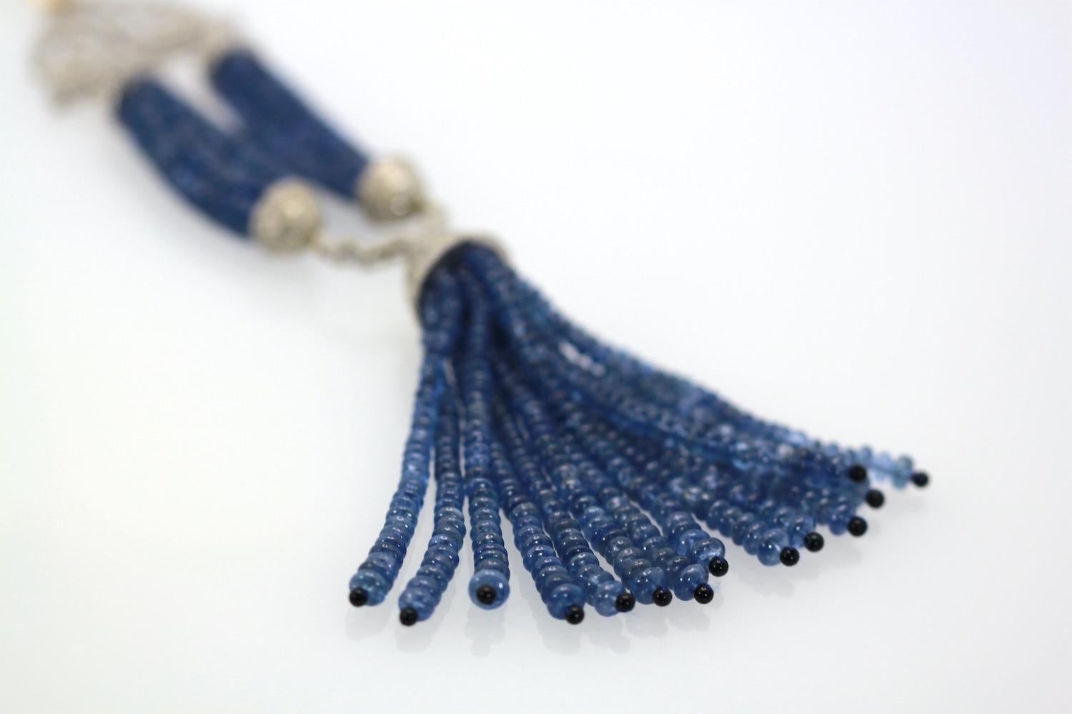 Blue Sapphire Beaded Double Tassel Pendant Necklace For Sale 6