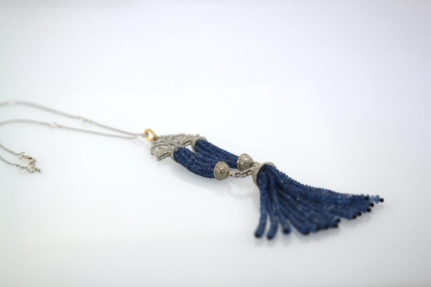 Blue Sapphire Beaded Double Tassel Pendant Necklace For Sale 7