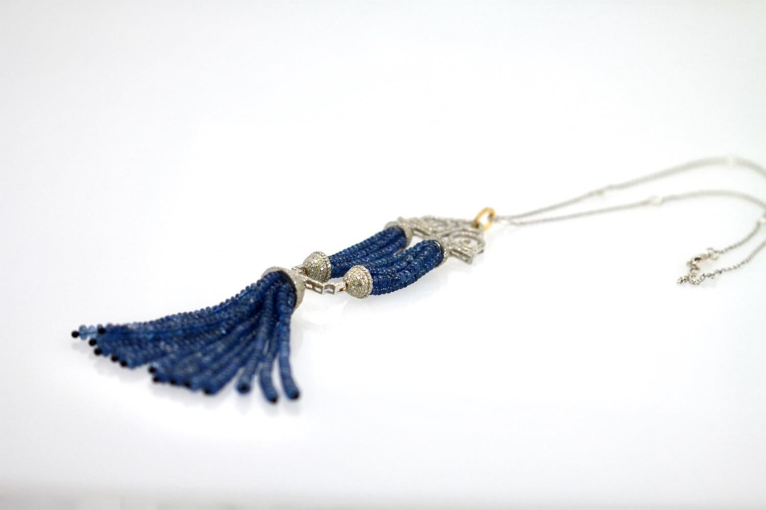 Oval Cut Blue Sapphire Beaded Double Tassel Pendant Necklace For Sale