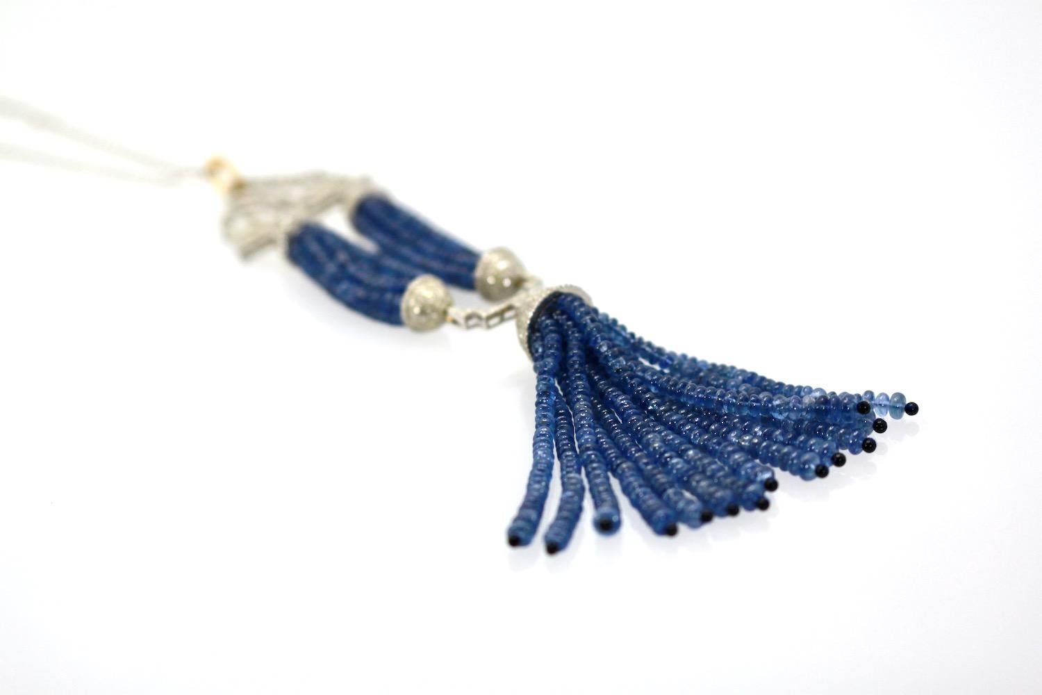 Women's or Men's Blue Sapphire Beaded Double Tassel Pendant Necklace For Sale