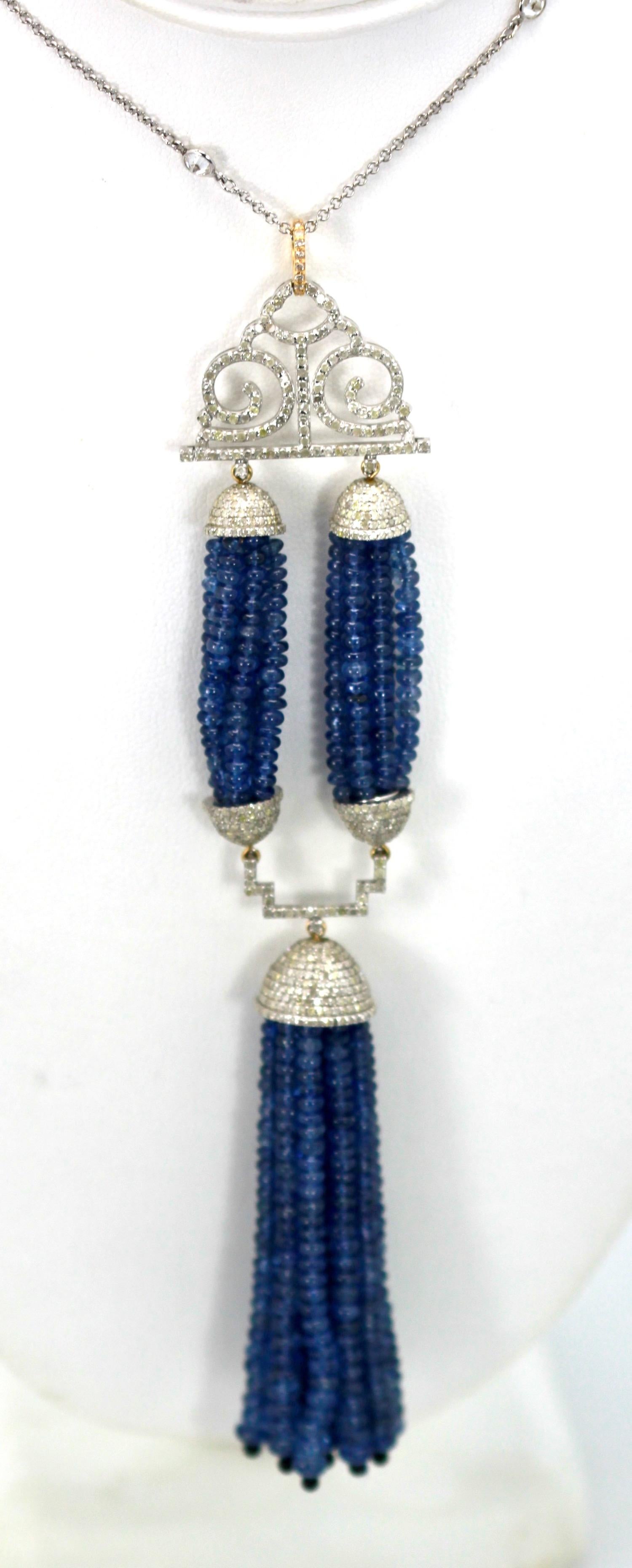 Blue Sapphire Beaded Double Tassel Pendant Necklace For Sale 1