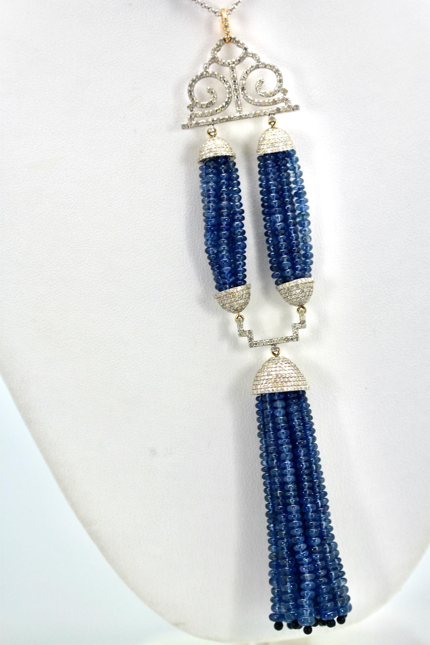 Blue Sapphire Beaded Double Tassel Pendant Necklace For Sale 3