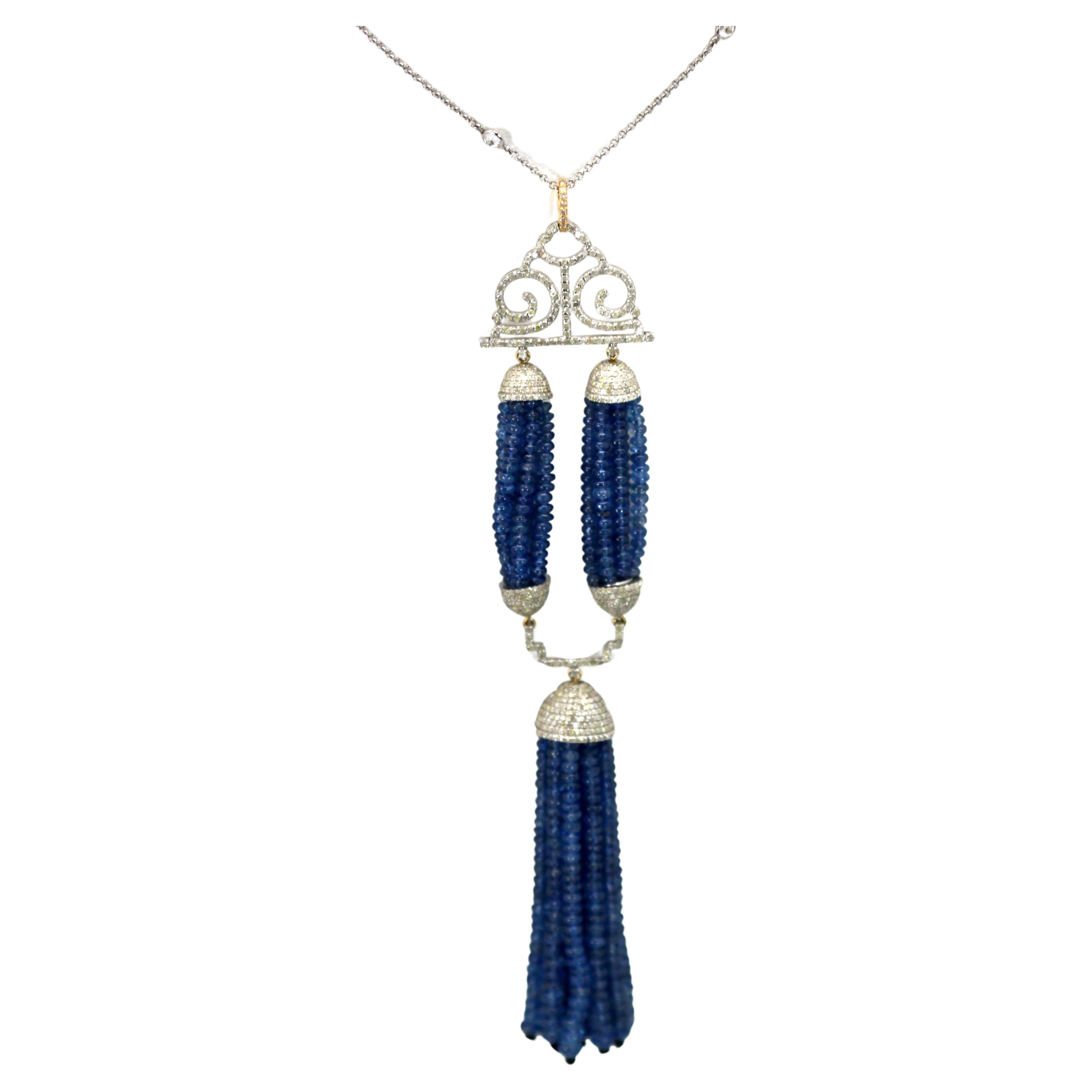 Blue Sapphire Beaded Double Tassel Pendant Necklace For Sale