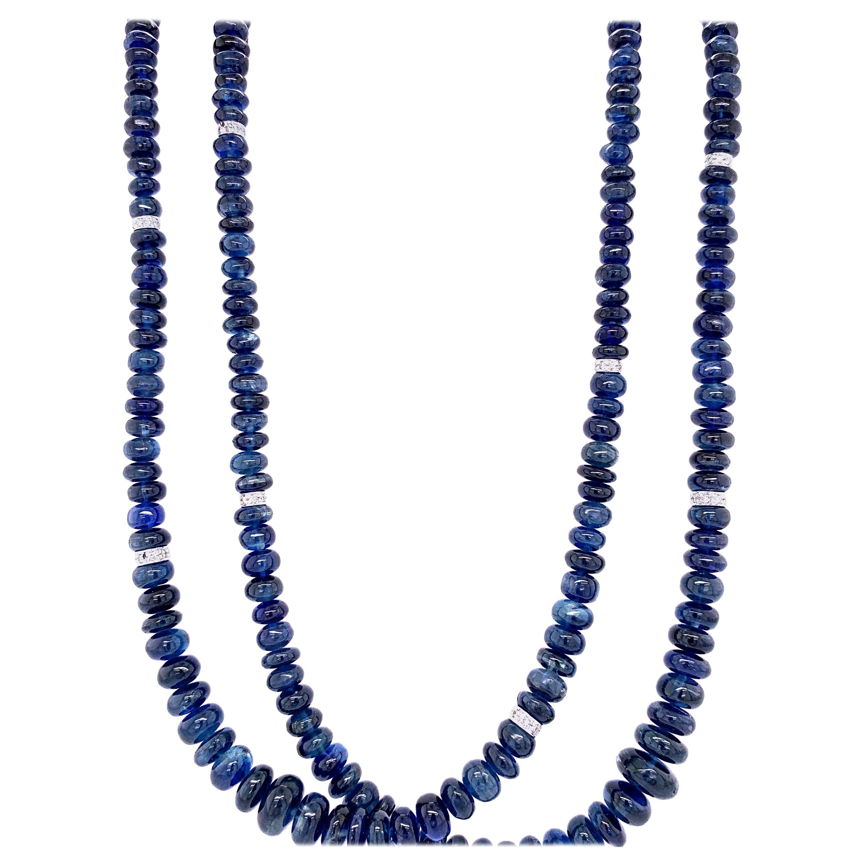 EXCELLENT DESIGN 394.00 CTS NATURAL 3 LINE CARVED BLUE SAPPHIRE BEADS NECKLACE 