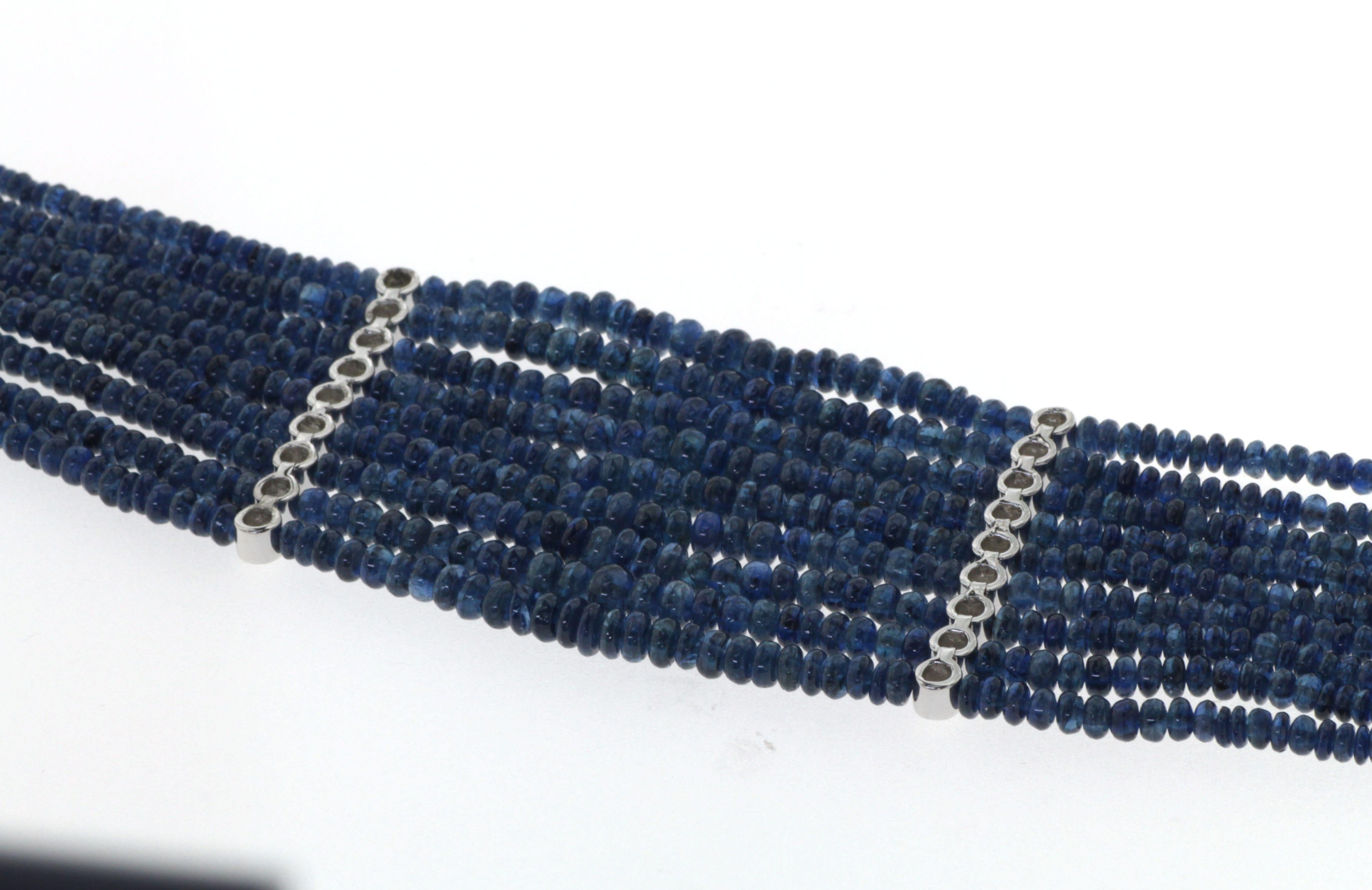 This bracelet features 159.53 carats of beads shape blue sapphire, assented with 1.82 carat of round diamonds. This piece is handmade in 18 karat white gold.
Blue Sapphire 159.53 carat
Diamond 1.82 carat