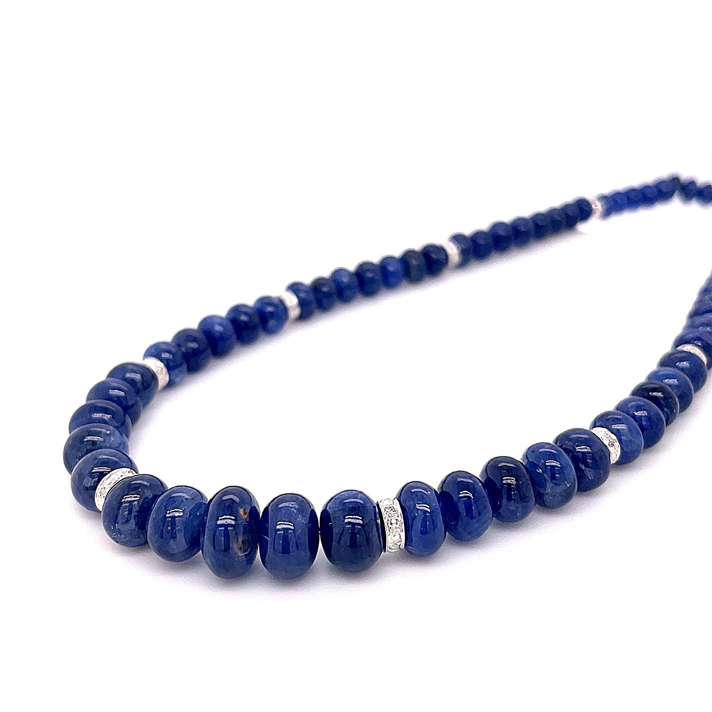 Featuring 188.06 carats of luxurious blue sapphire beads sourced from Burma and boasting a natural beauty enhanced by their no-heat treatment.

Accentuating the sapphire beads are ten diamond roundels, adding a touch of sparkle and glamour to the