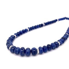 Blue Sapphire Beads Cts 188.06 and Diamond Roundel Necklace With 18k White Gold