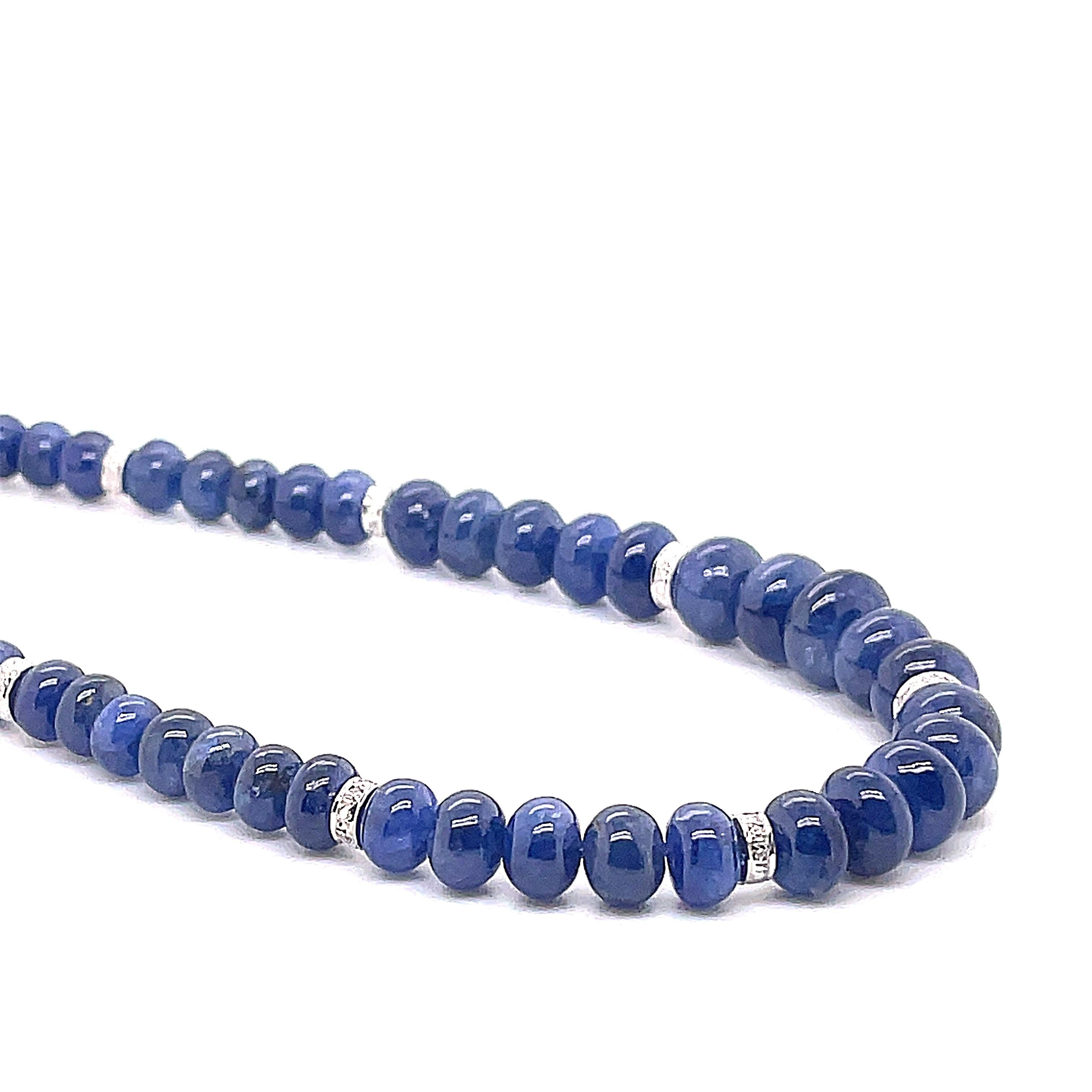 Contemporary Blue Sapphire Beads Cts 188.06 and Diamond Roundel Necklace With 18k White Gold  For Sale