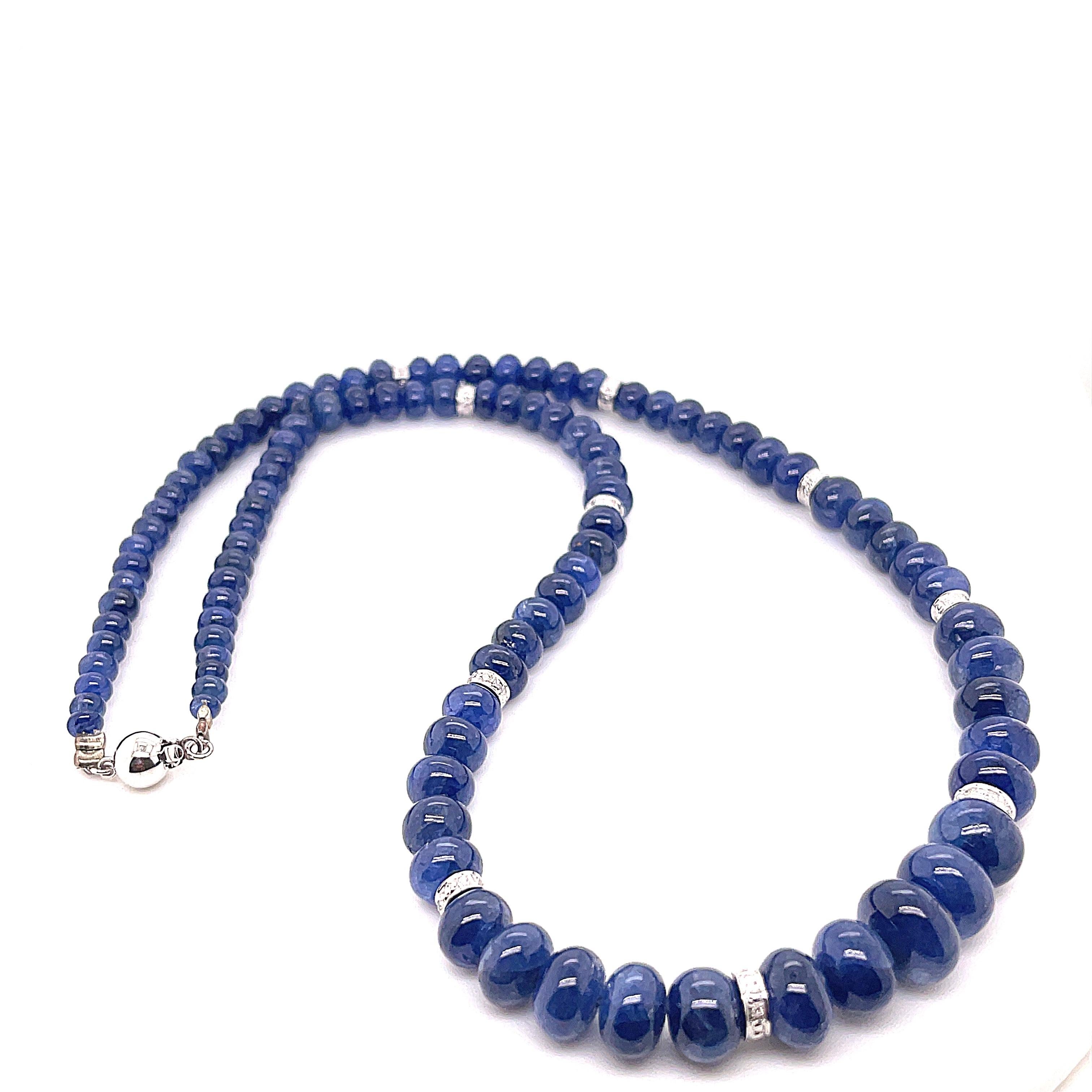 Women's Blue Sapphire Beads Cts 188.06 and Diamond Roundel Necklace With 18k White Gold  For Sale