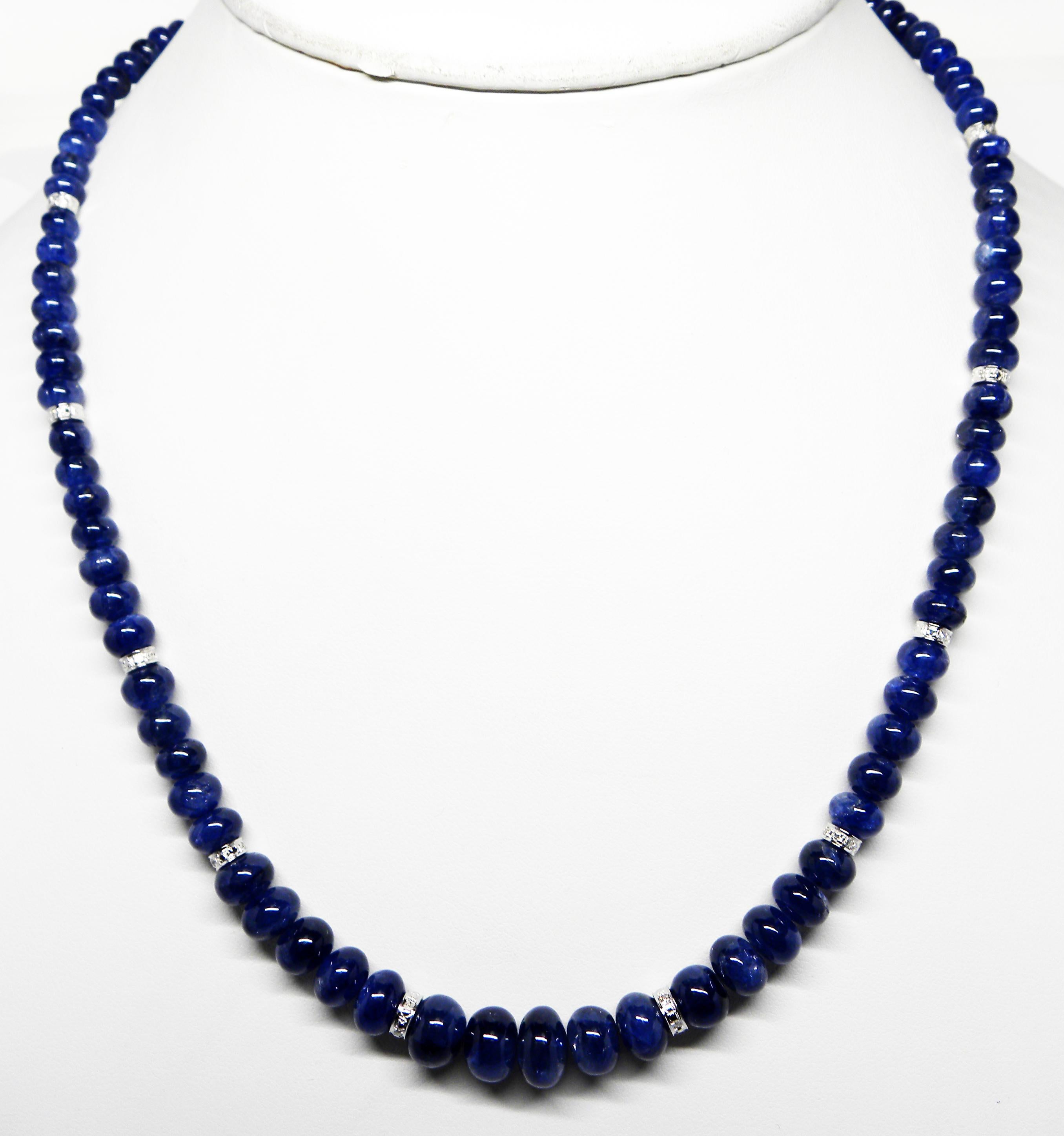 Blue Sapphire Beads Cts 188.06 and Diamond Roundel Necklace With 18k White Gold  For Sale 1