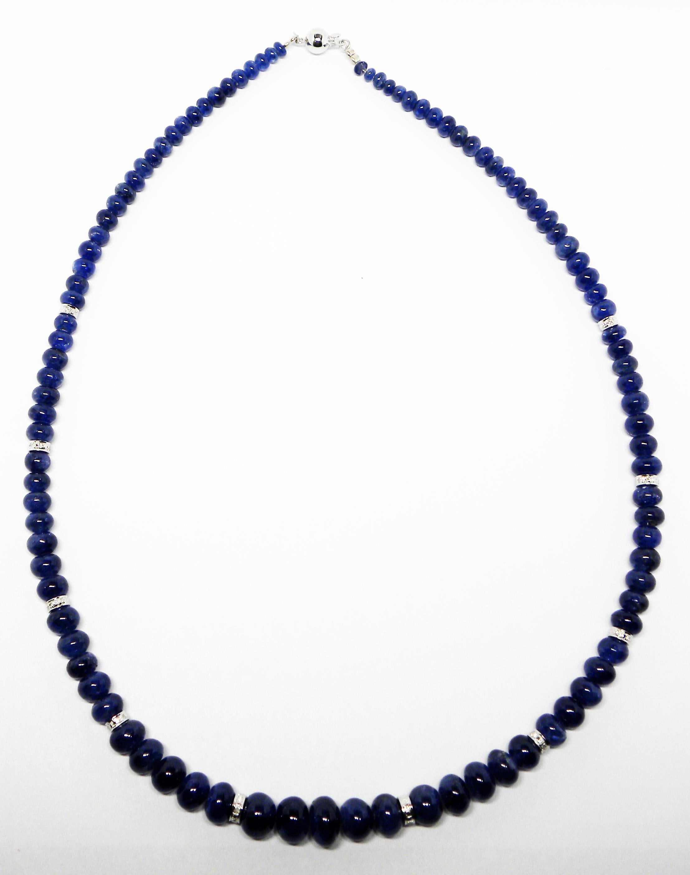 Blue Sapphire Beads Cts 188.06 and Diamond Roundel Necklace With 18k White Gold  For Sale 2