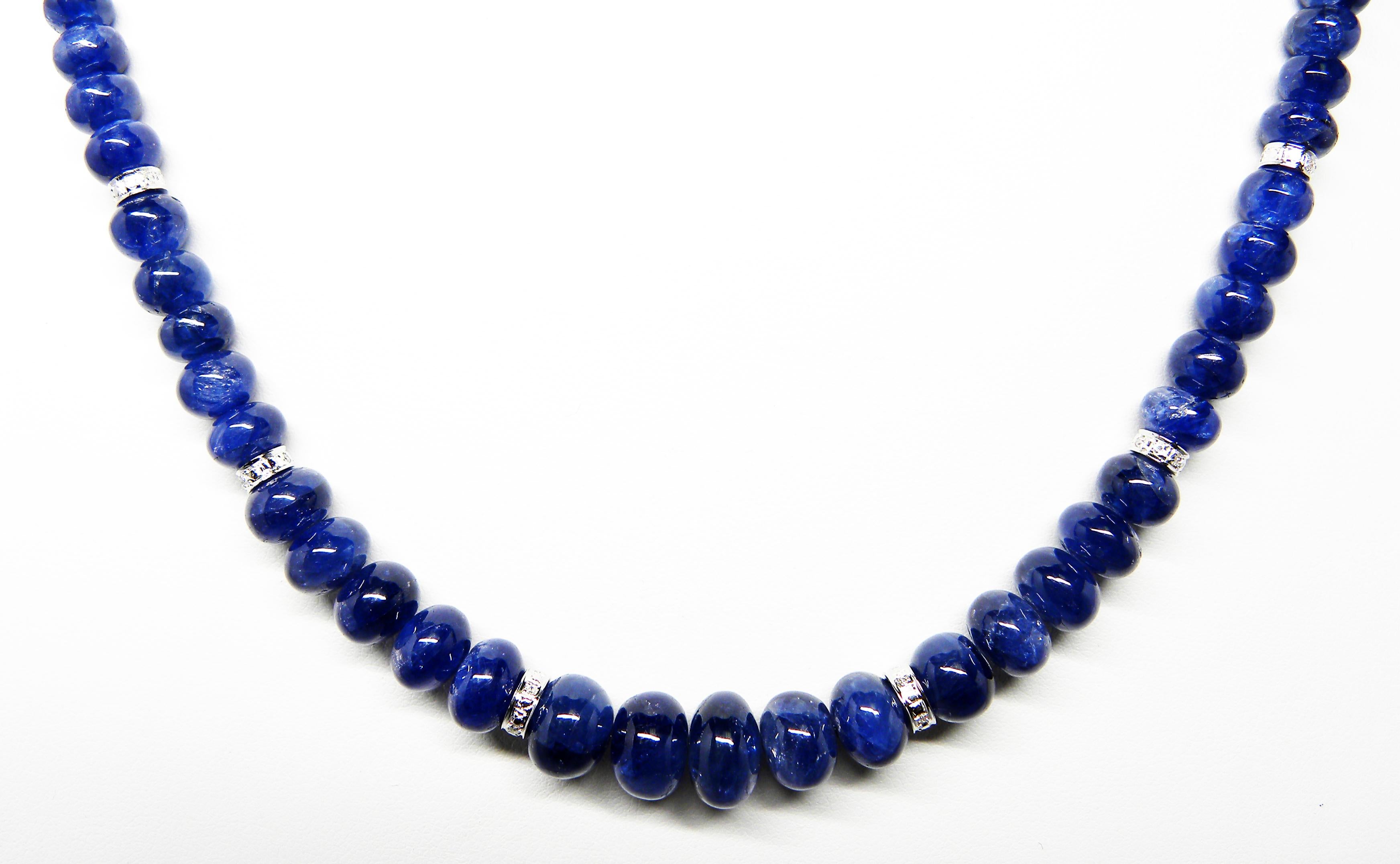 Blue Sapphire Beads Cts 188.06 and Diamond Roundel Necklace With 18k White Gold  For Sale 3