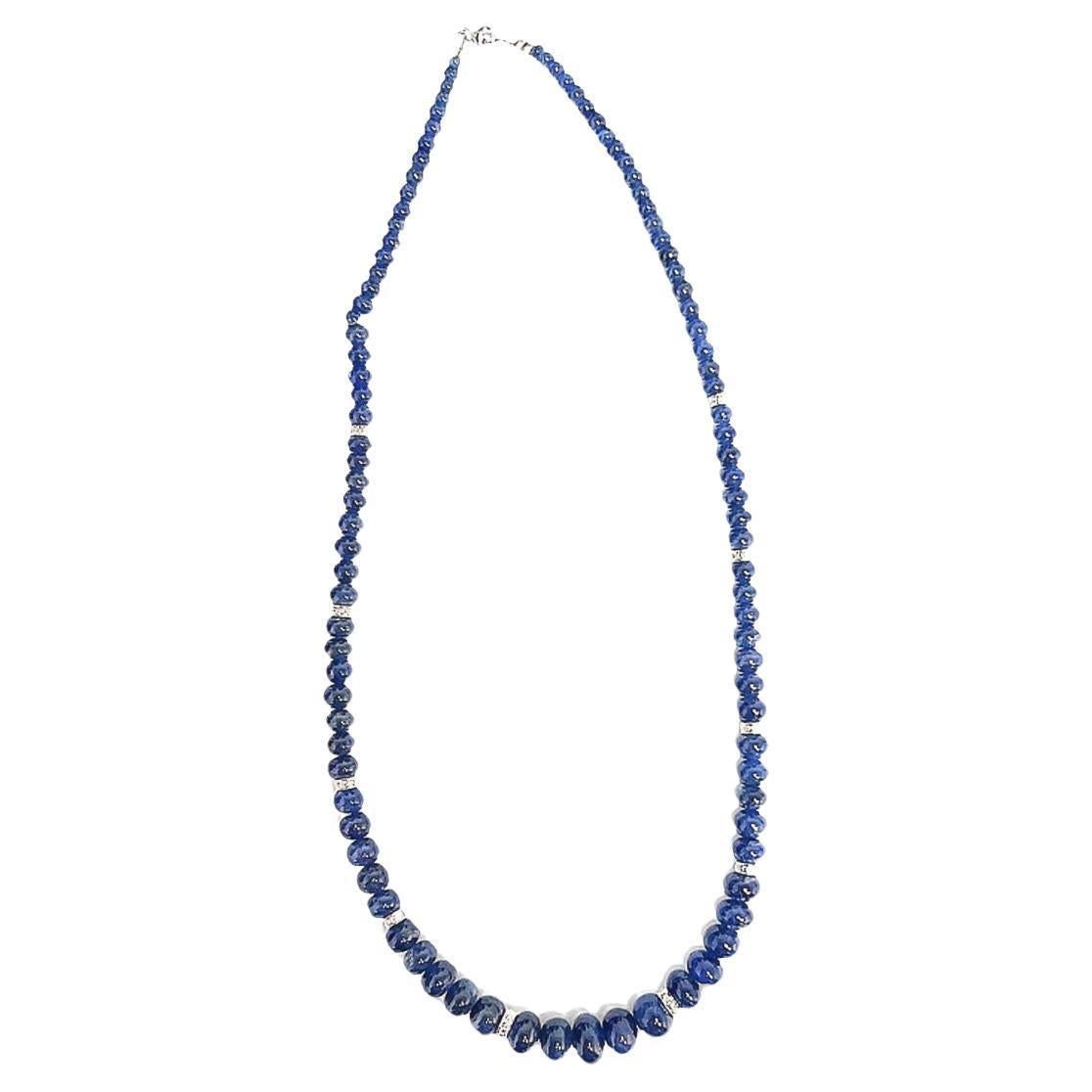 Blue Sapphire Beads Cts 188.06 and Diamond Roundel Necklace With 18k White Gold  For Sale