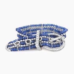 Blue Sapphire Beads & White Diamond 18K White Gold Belt Buckle Deco Bracelet
