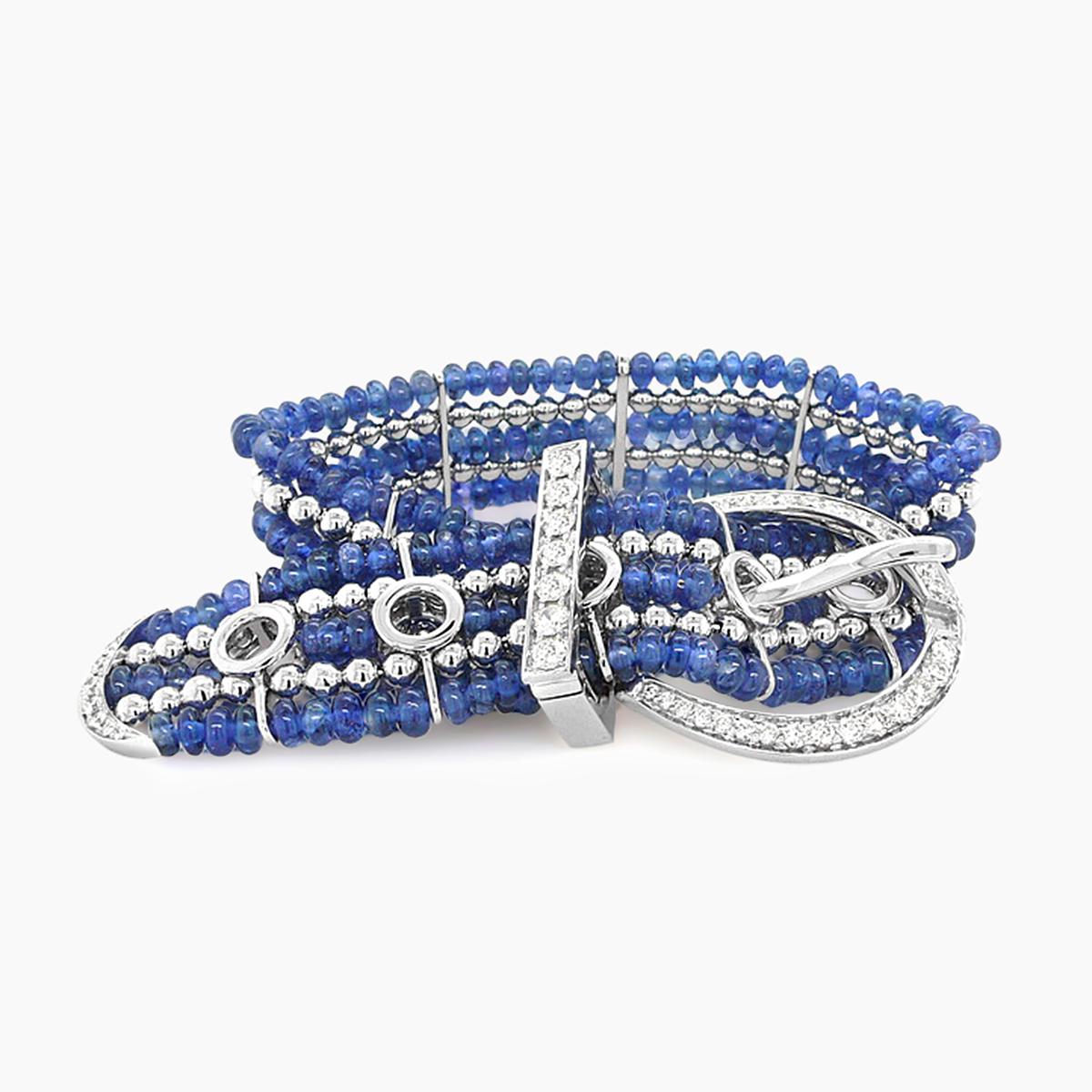 Mixed Cut Blue Sapphire Beads & White Diamond 18K White Gold Belt Buckle Deco Bracelet For Sale