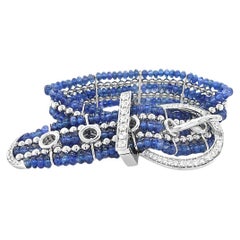 Blue Sapphire Beads & White Diamond 18K White Gold Belt Buckle Deco Bracelet