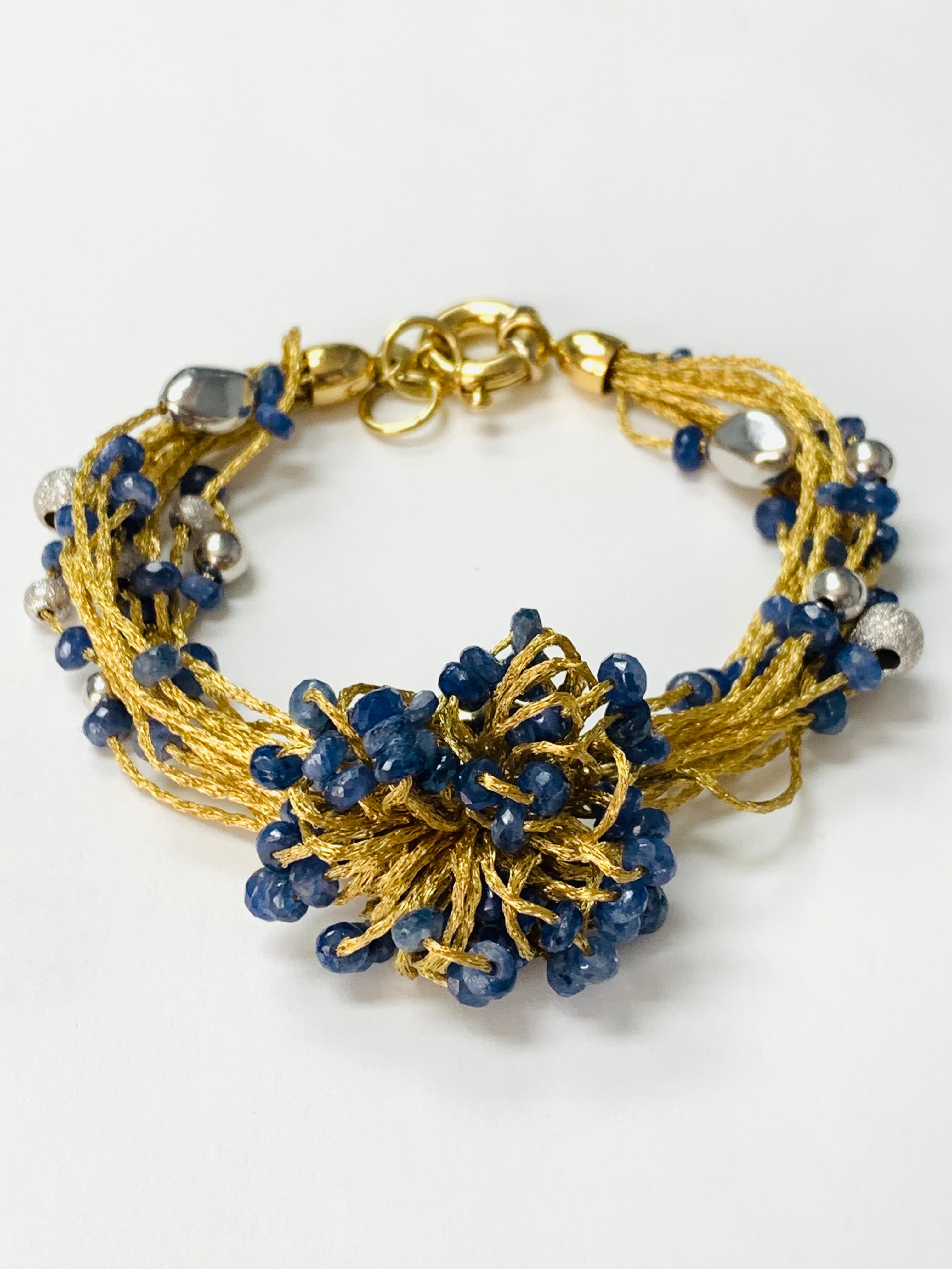 Unique Blue sapphire beads , white gold and yellow gold bracelet. 
The details are as follows : 
Blue sapphire beads weight : 15 carat 
Metal : 18k gold 
Gold weight : 31 grams 
Measurements : 7.5 inches 
