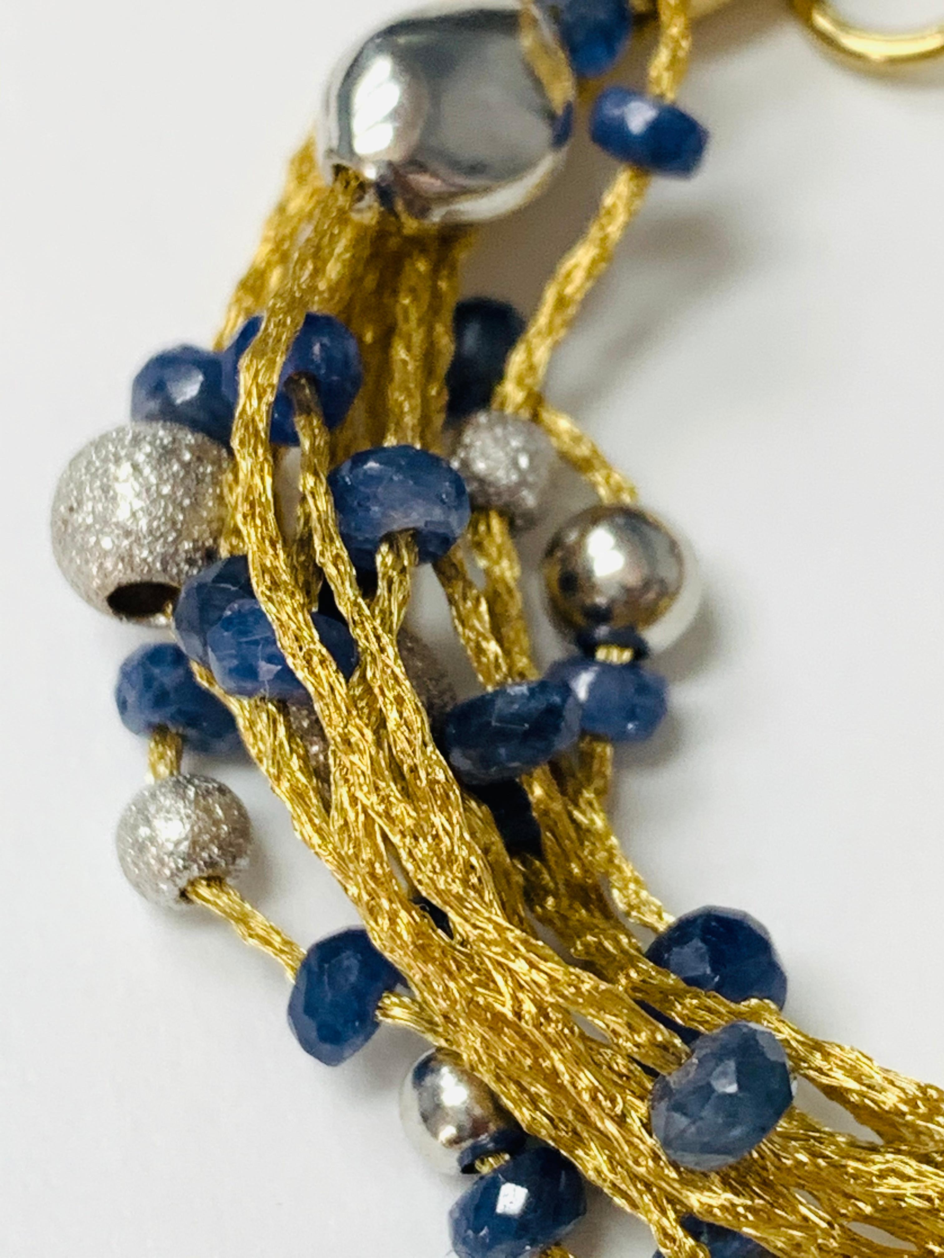 Women's or Men's Blue Sapphire Beads, White Gold and Yellow Gold Bracelet