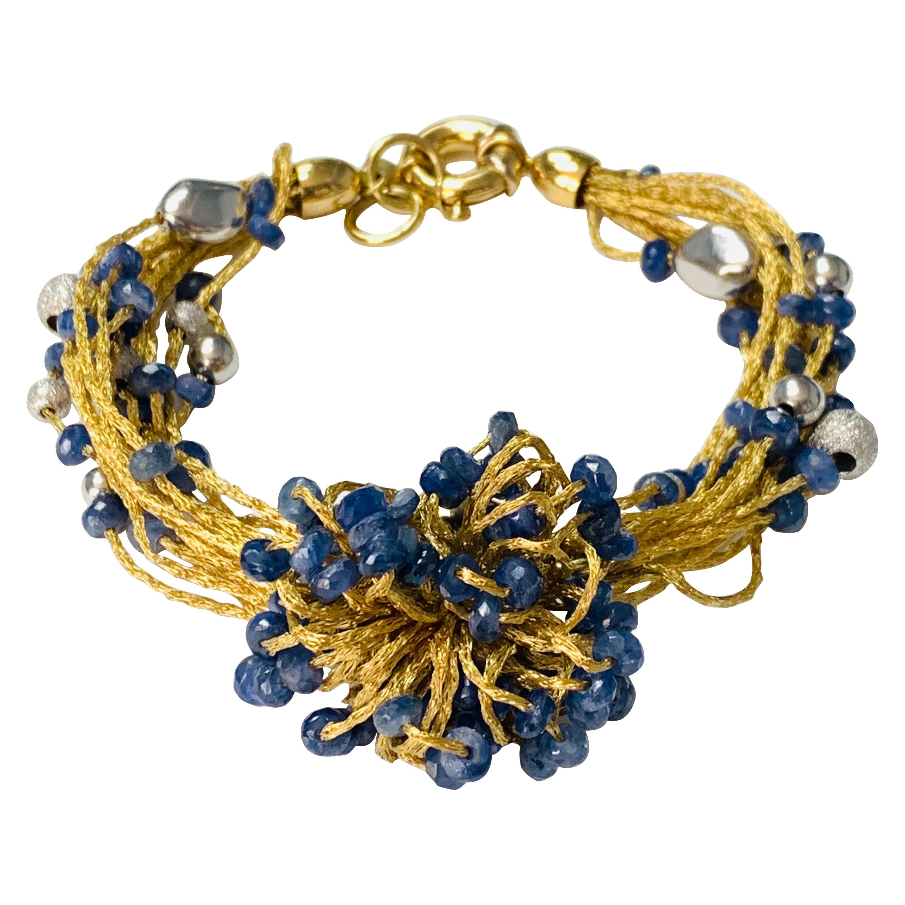 Blue Sapphire Beads, White Gold and Yellow Gold Bracelet