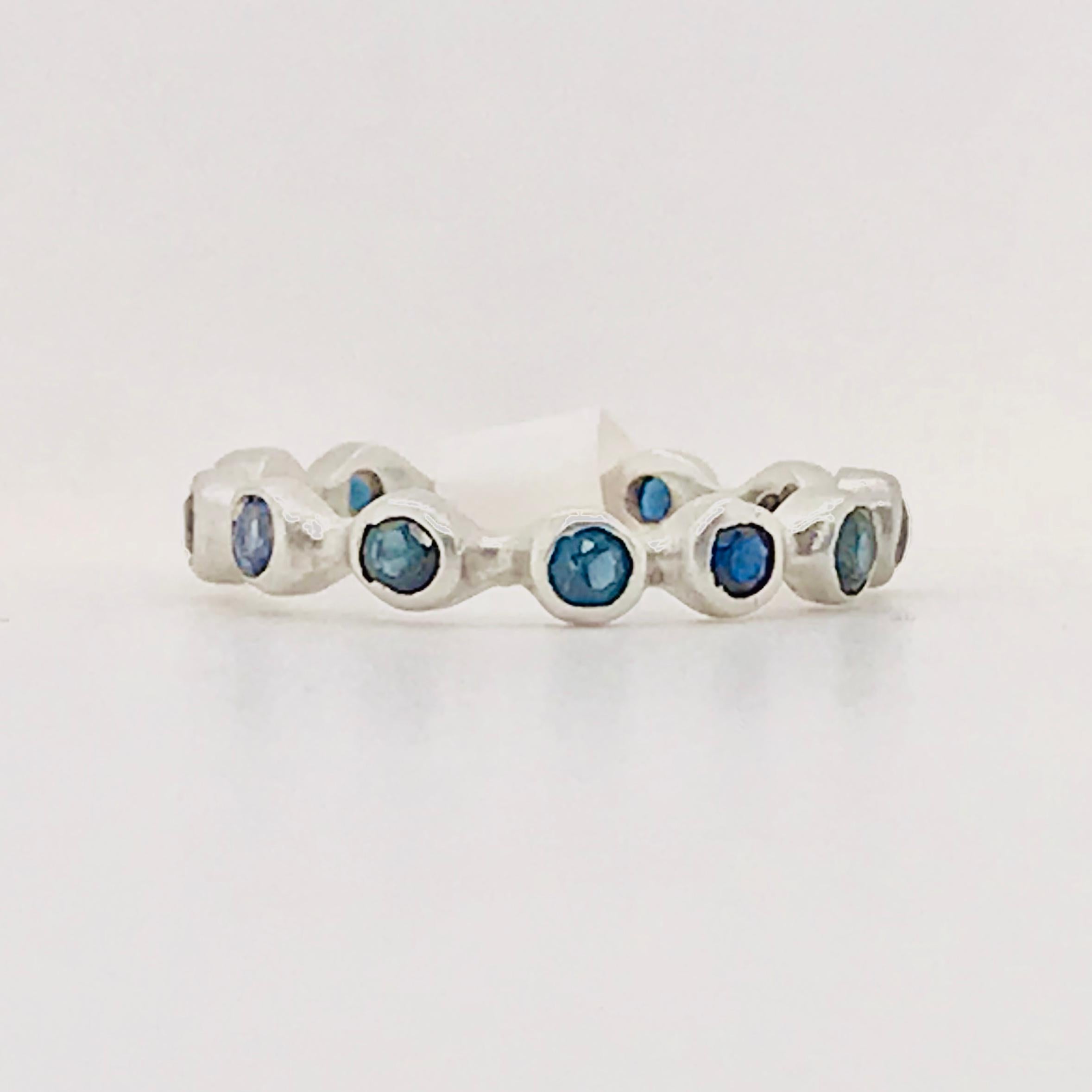 Artisan Blue Sapphire Bezel Band in 14K White Gold Handmade Bezel Ring with Sapphires For Sale
